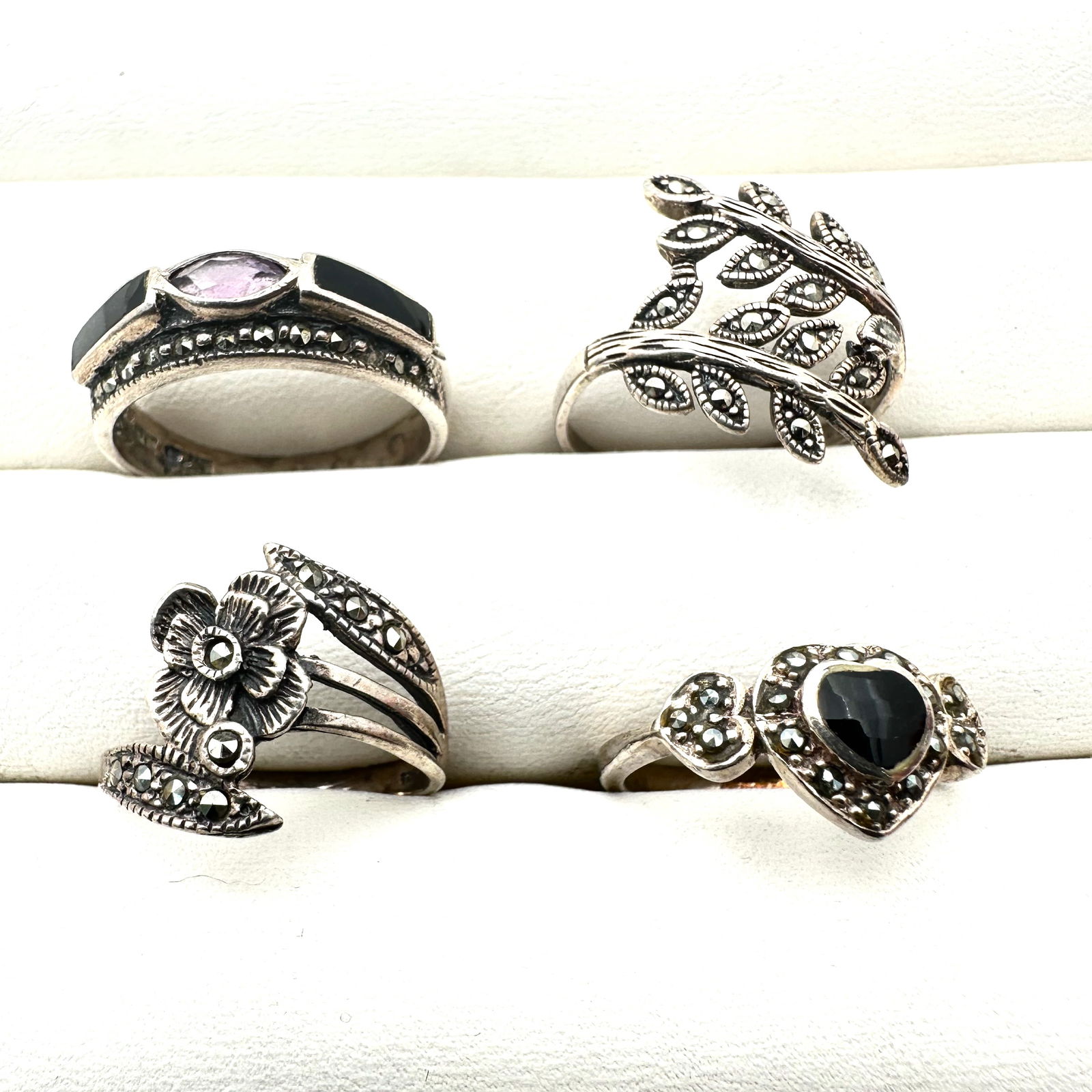 Group Marcasite Sterling Silver Rings Various Sizes Black Onyx: Group Marcasite Sterling Silver Rings Various Sizes Black Onyx