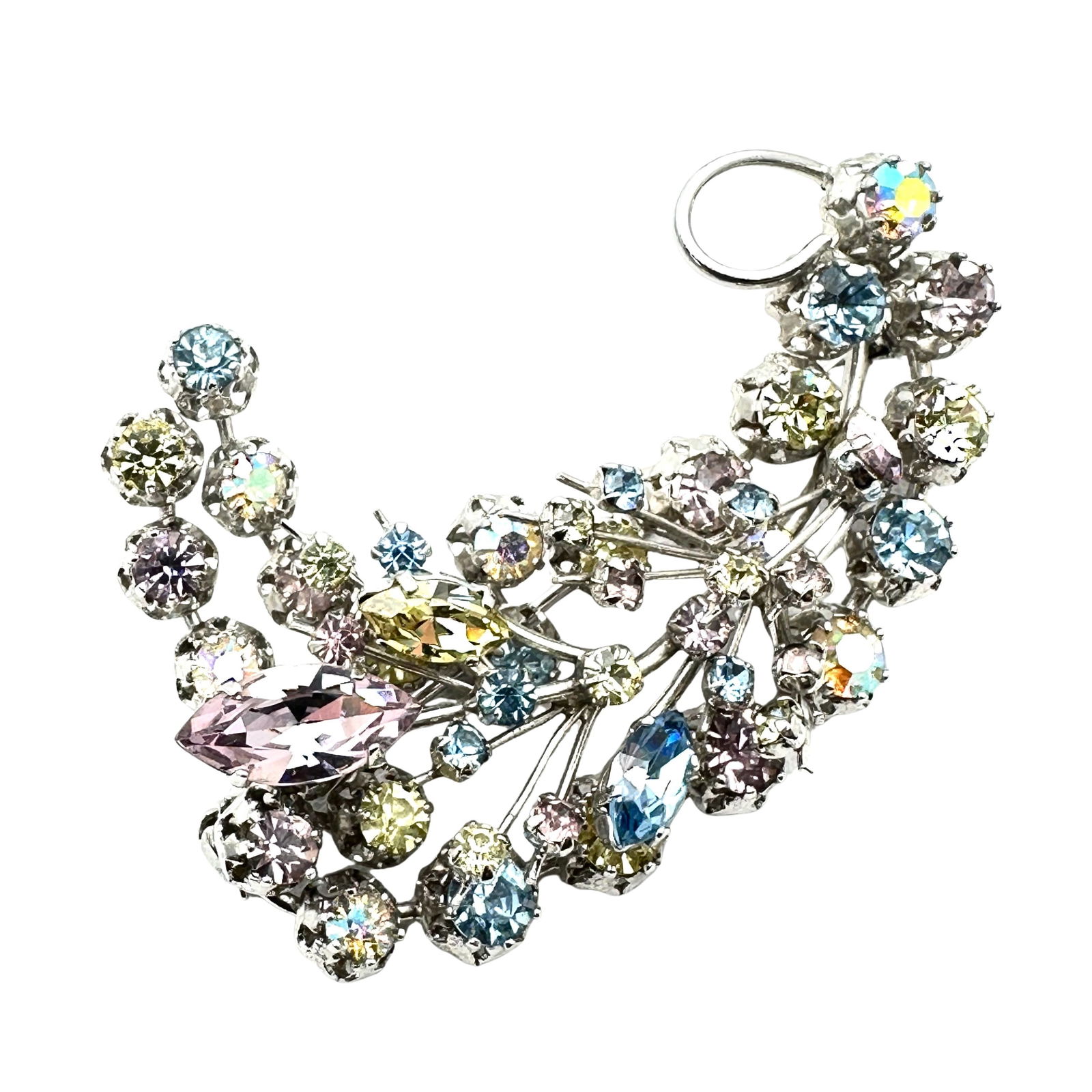 Vintage Austria Pink Blue Yellow Glass Rhinestone Silver Tone Brooch Pin 3 Inch (1 of 2)