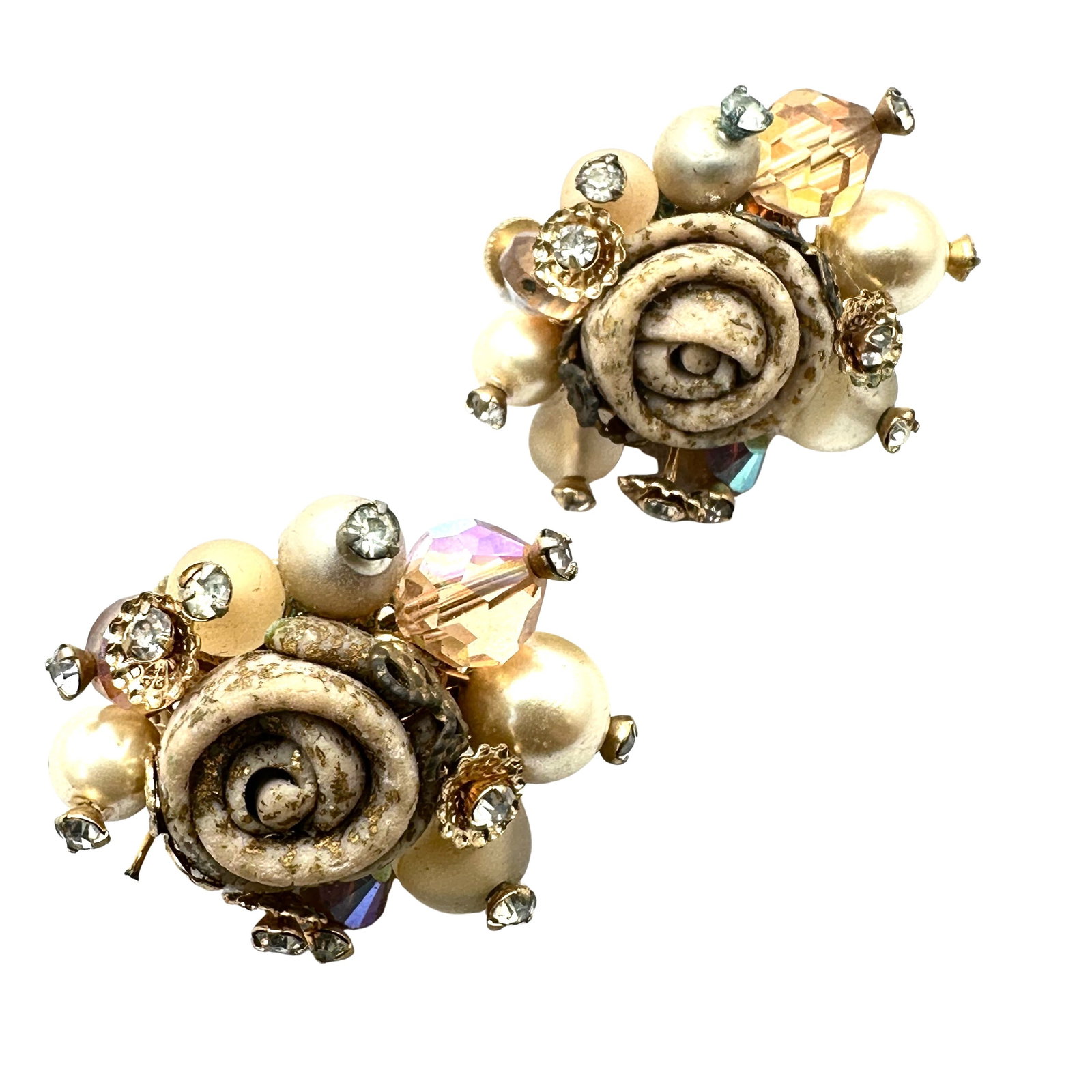 Vintage Vendome Rose Faux Pearl Crystal Gold Tone Clip Earrings 1.25 Inch: Vintage Vendome Rose Faux Pearl Crystal Gold Tone Clip Earrings 1.25 Inch