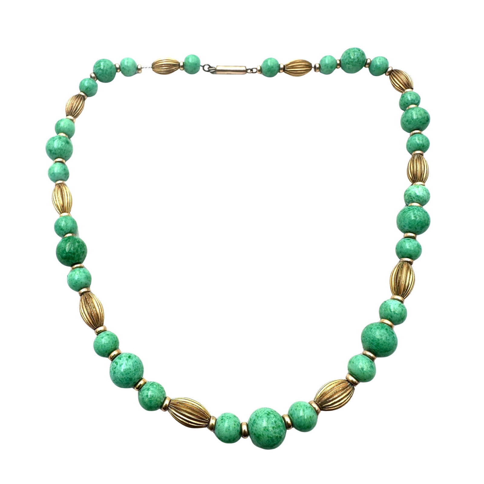 Antique Gold Filled Green Peking Glass Bead Necklace 15 Inch Length Beautiful Gold Filled Beads: Antique Gold Filled Green Peking Glass Bead Necklace 15 Inch Length Beautiful Gold Filled Beads
