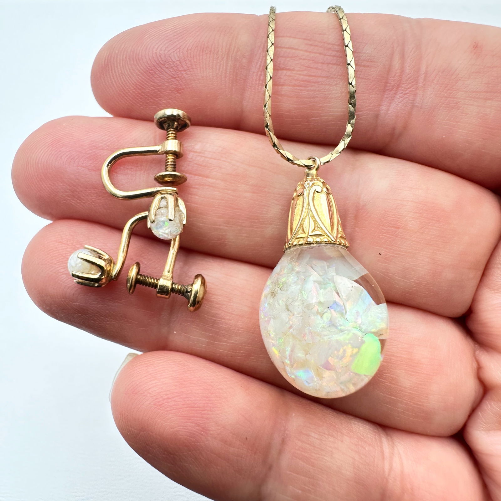 Vintage Floating Opal Pendant Gold Filled Necklace and Earrings Set (1 of 2)