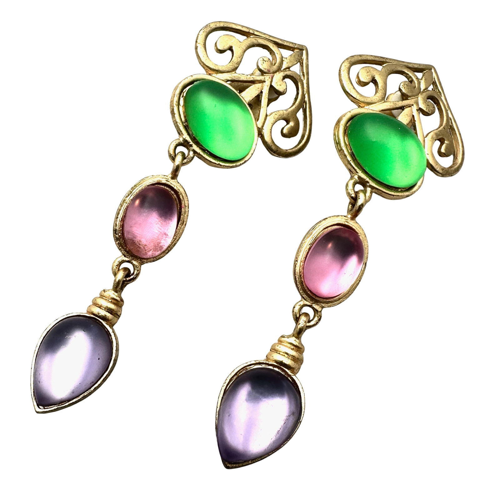 Vintage Pink Green Purple Matte Gold Tone Clip Chandelier Earrings 3 Inch: Vintage Pink Green Purple Matte Gold Tone Clip Chandelier Earrings 3 Inch