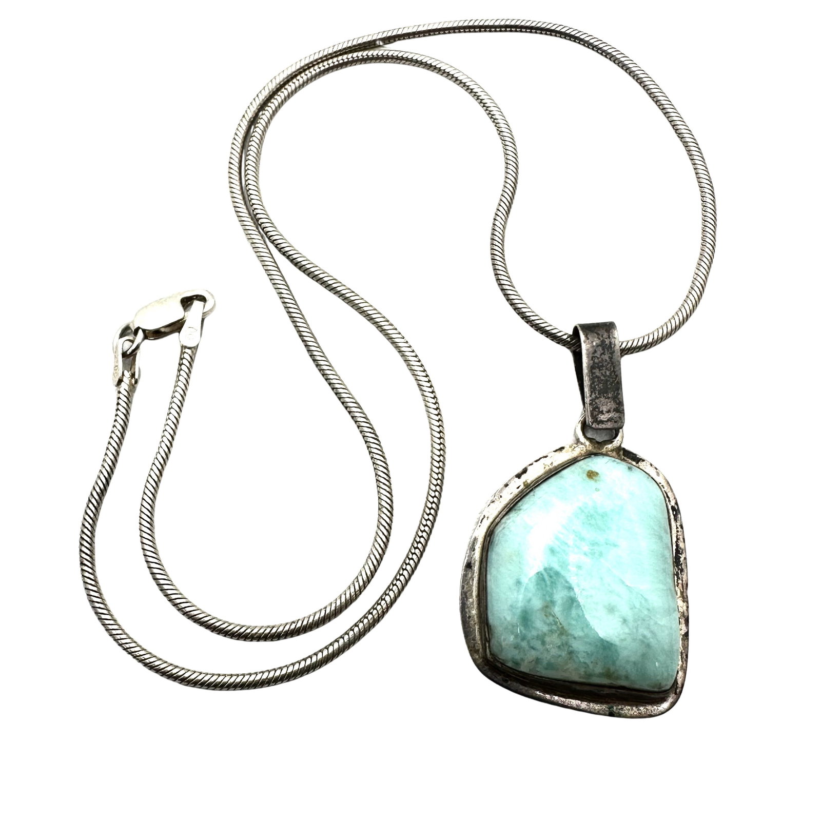 Vintage Blue Larimar Sterling Silver Pendant Necklace 16 Inch Chain 14 Grams: Vintage Blue Larimar Sterling Silver Pendant Necklace 16 Inch Chain 14 Grams