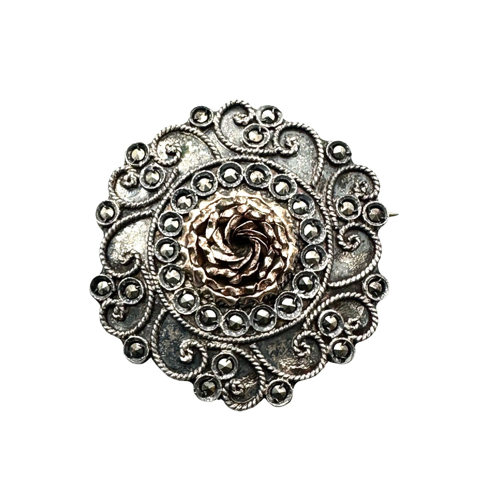Vintage Marcasite Sterling Silver Brooch Pin 1.5 Inch Older C Clasp: Vintage Marcasite Sterling Silver Brooch Pin 1.5 Inch Older C Clasp