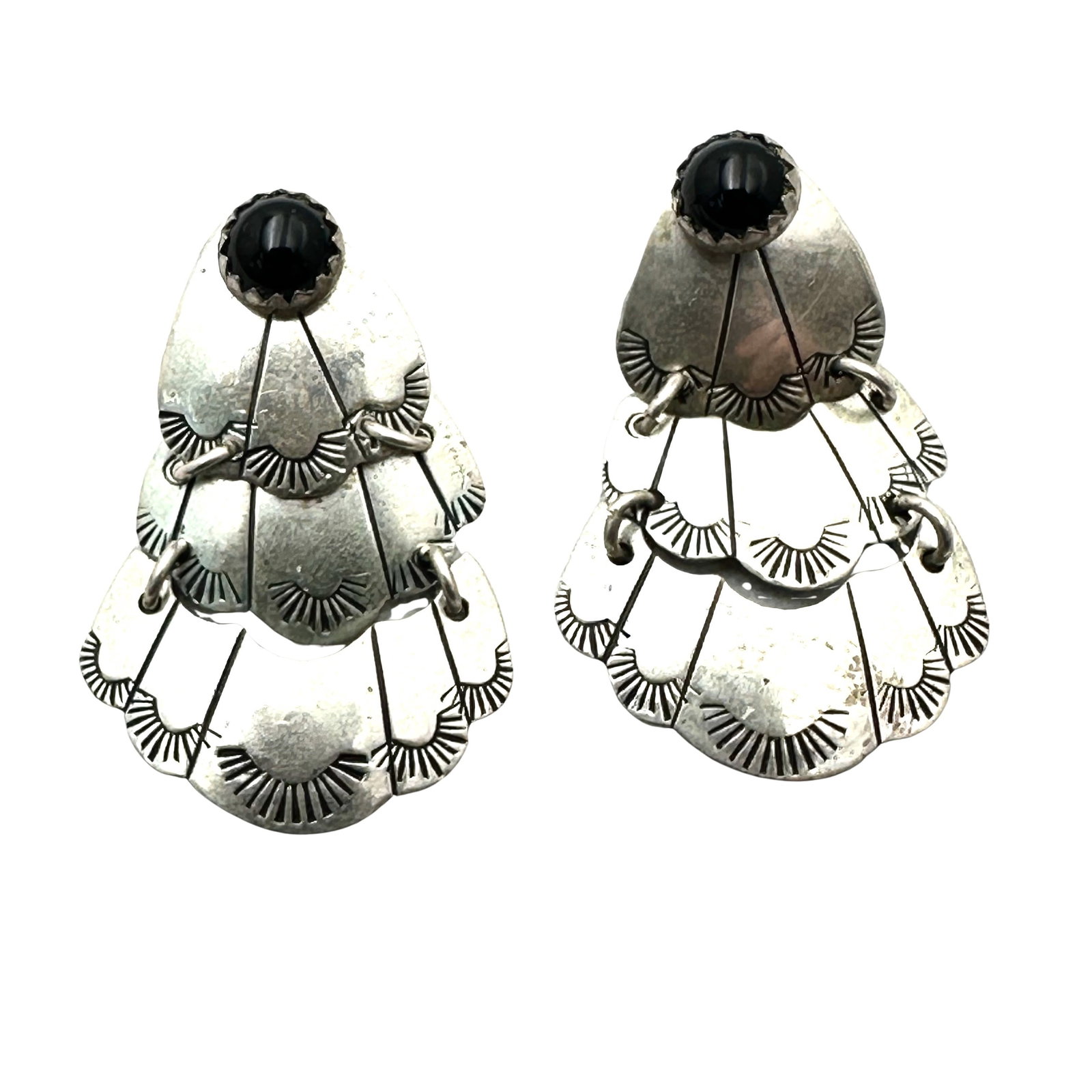 Native American Hallmarked A J Black Onyx Sterling Silver Pierced Earrings 1.25 Inch: Native American Hallmarked A J Black Onyx Sterling Silver Pierced Earrings 1.25 Inch