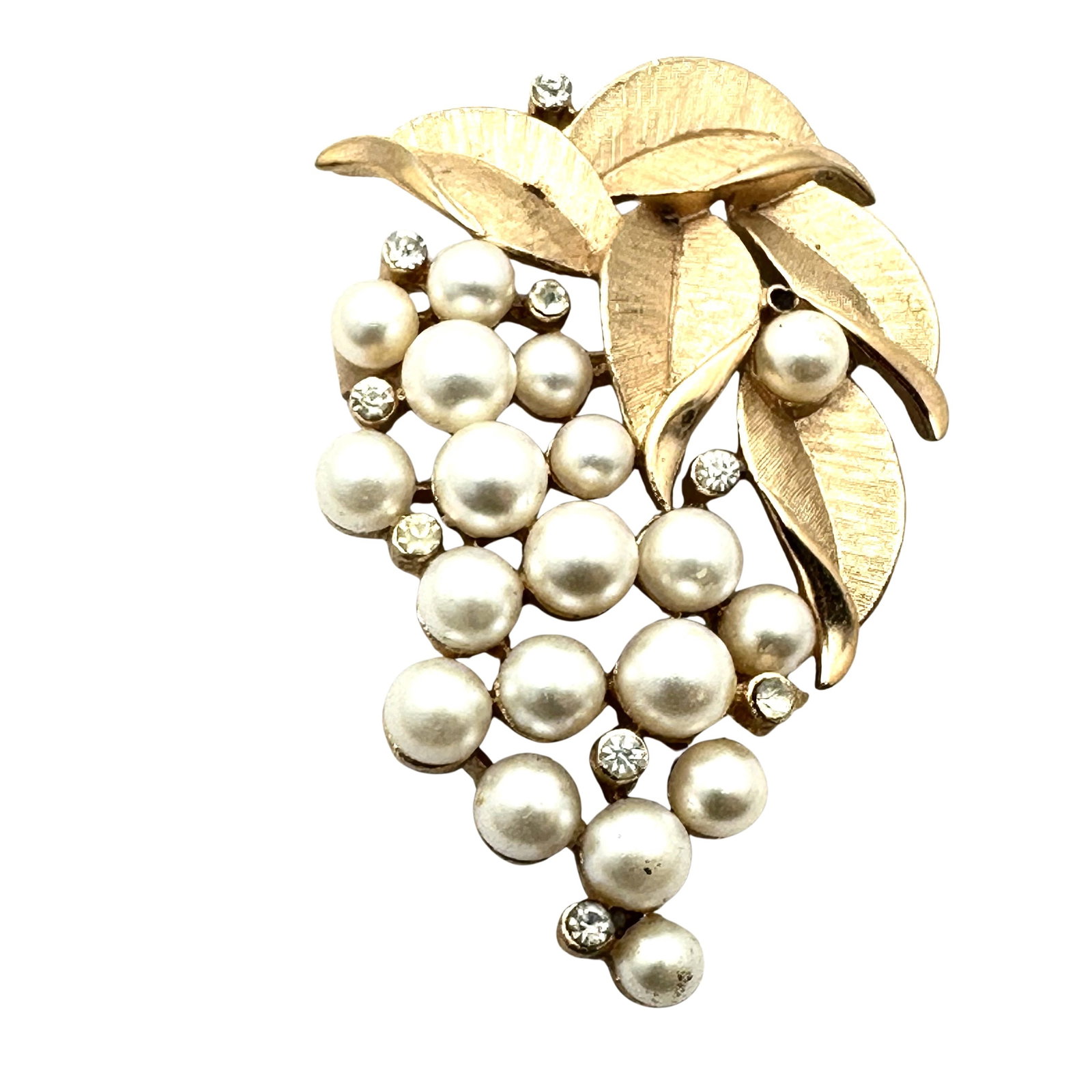 Vintage Trifari Faux Pearl Clear Rhinestone Brooch Pin 2 Inch: Vintage Trifari Faux Pearl Clear Rhinestone Brooch Pin 2 Inch