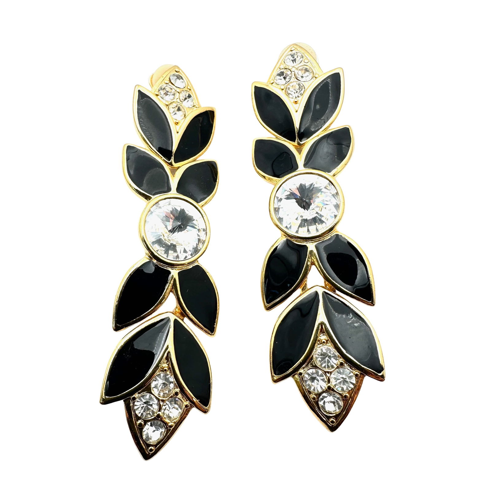Vintage Bijoux New York Clear Crystal Black Enamel Pierced 3 Inch Chandelier Earrings: Vintage Bijoux New York Clear Crystal Black Enamel Pierced 3 Inch Chandelier Earrings