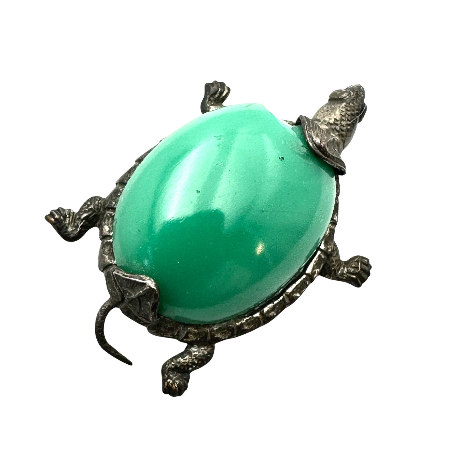 Antique Green Glass Silver Tone Turtle Brooch Pin 1.5 Inch (1 of 2)