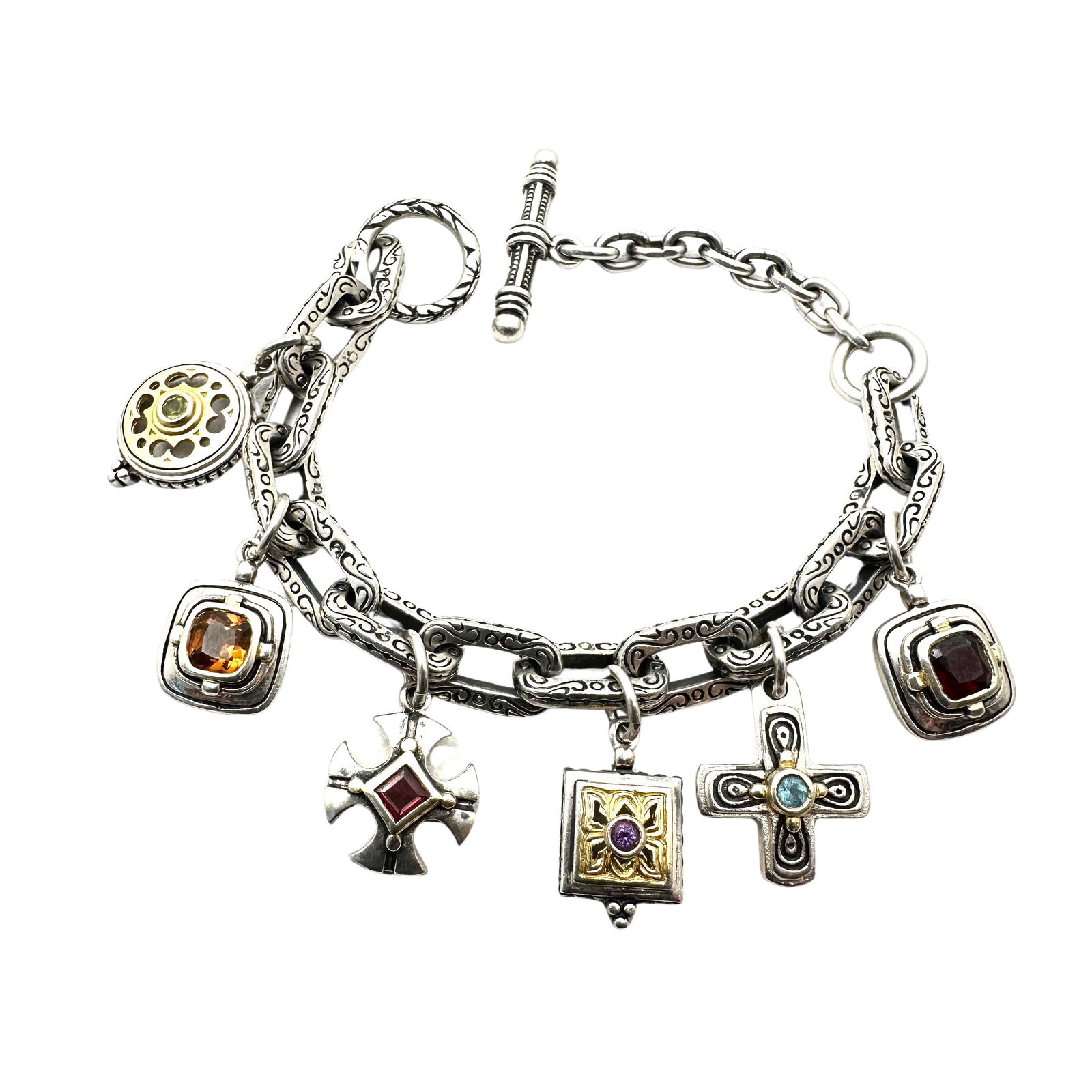 Multi Gemstone Charm Sterling Silver Bracelet 7 Inch  Weight 43 Grams Nice Quality (1 of 2)