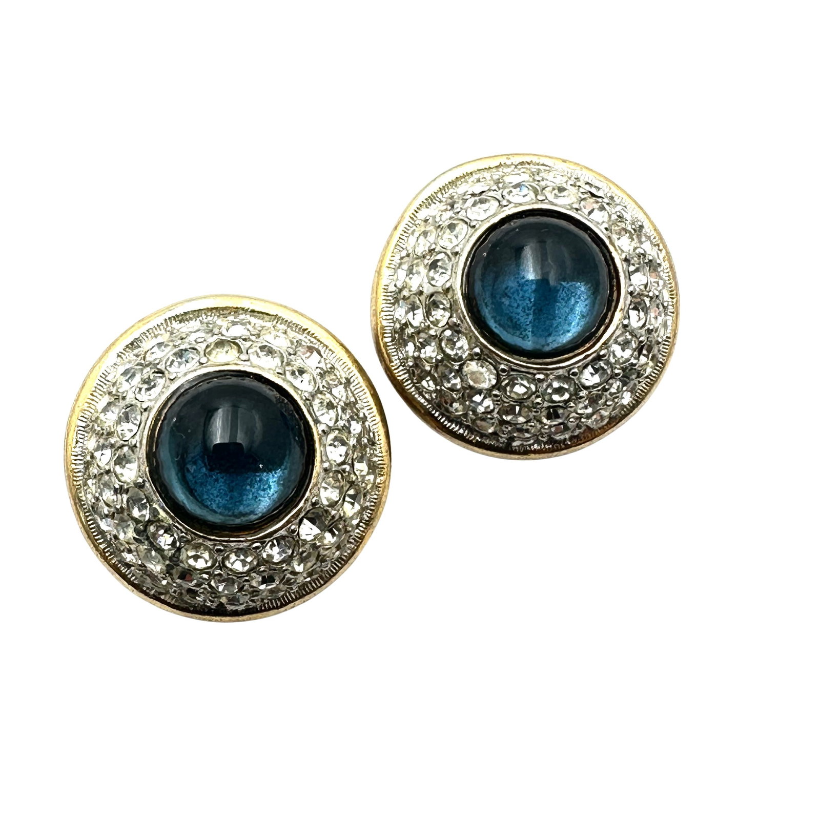 Vintage Alesis Kirk Blue Bullet Glass Rhinestone Gold Tone Clip Earrings: Vintage Alesis Kirk Blue Bullet Glass Rhinestone Gold Tone Clip Earrings