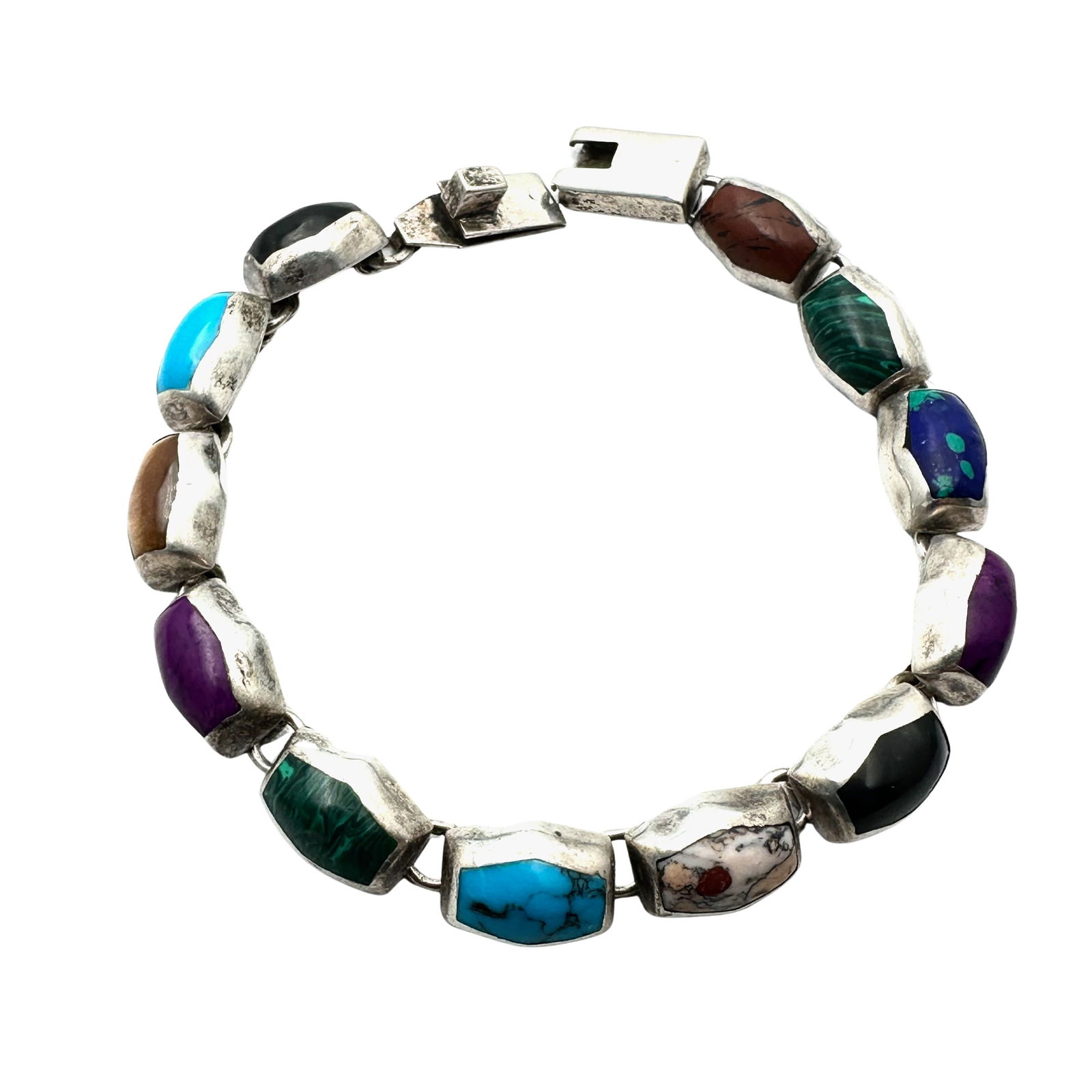 Vintage Mexico Multi Gemstone Sterling Silver Bracelet 7.5 Inch Weight 28 Grams (1 of 2)