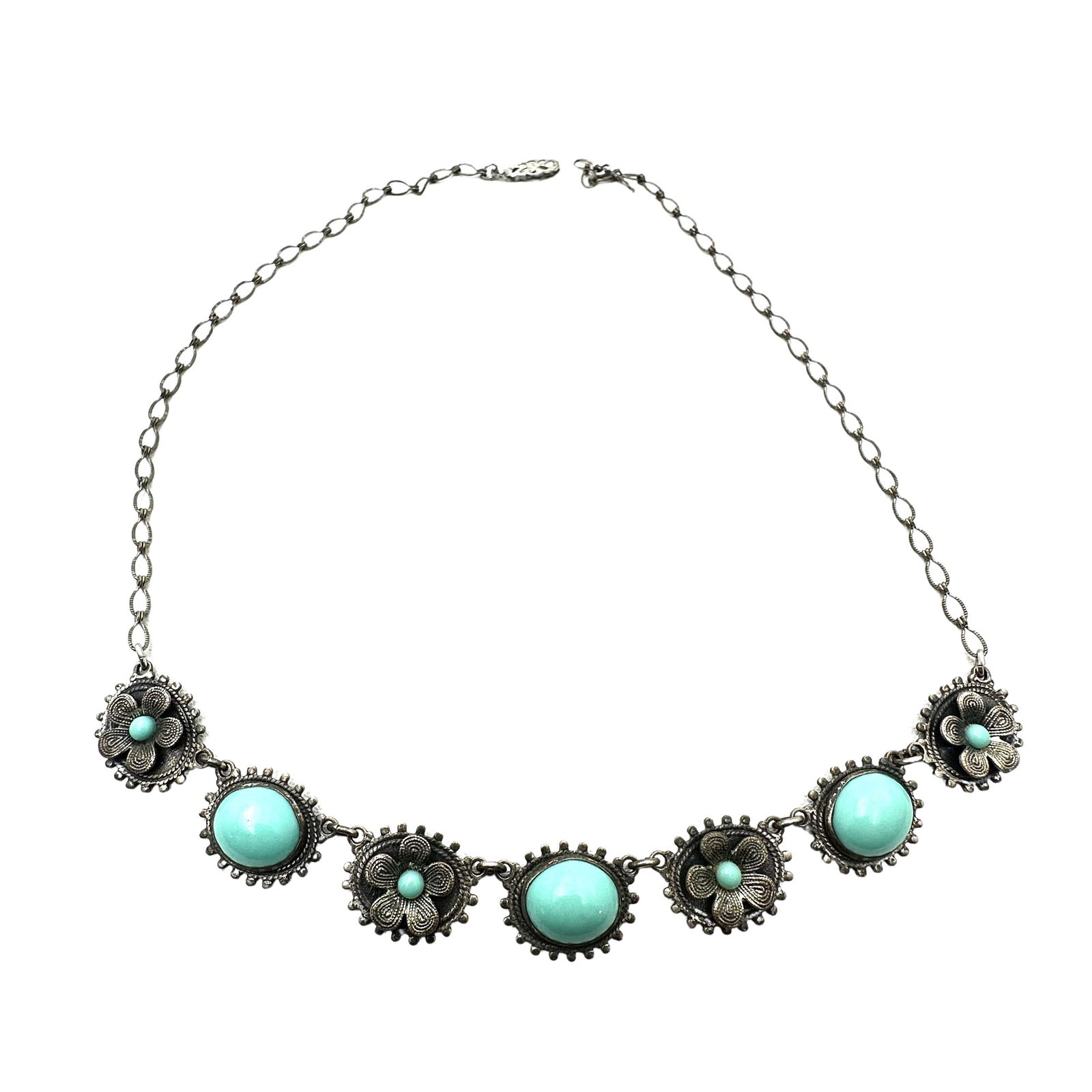 Antique Silver Tone Turquoise Blue Czech Glass Necklace 16 Inch Length: Antique Silver Tone Turquoise Blue Czech Glass Necklace 16 Inch Length