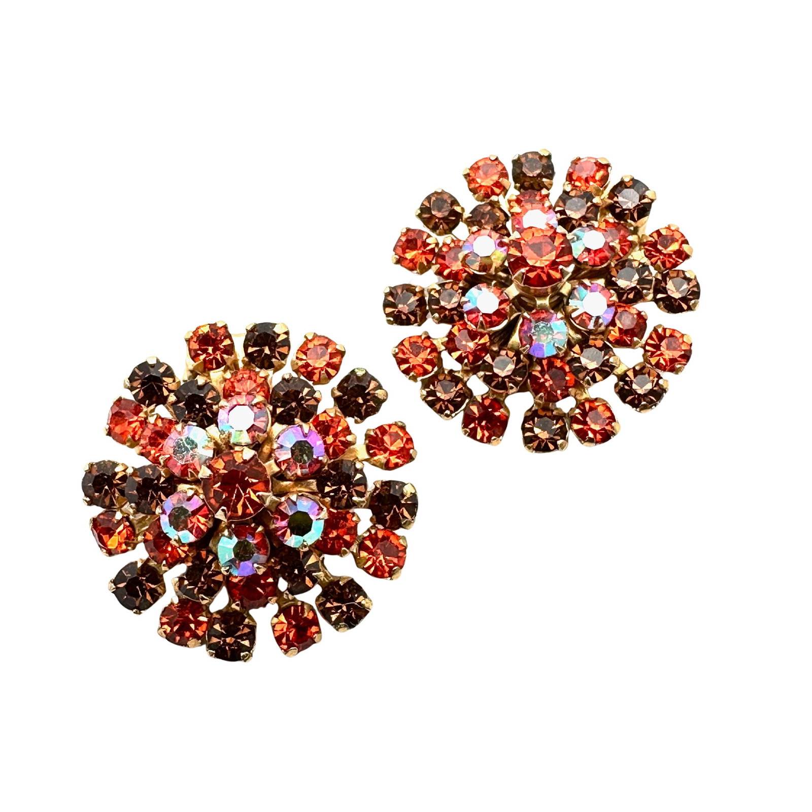 Vintage Amber Orange Aurora Borealis Rhinestone Gold Tone Clip Earrings 1.25 Inch: Vintage Amber Orange Aurora Borealis Rhinestone Gold Tone Clip Earrings 1.25 Inch