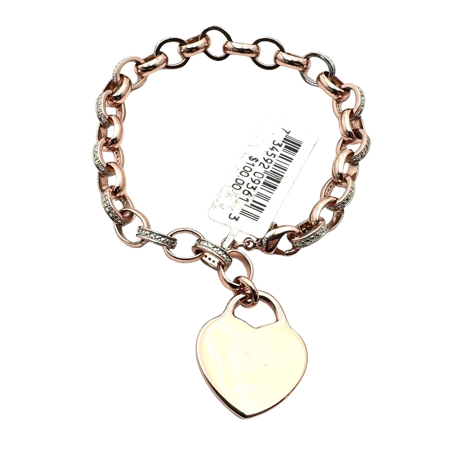 Rose Gold Over Sterling Silver Diamond Bracelet Heart Charm Original Tags Attached: Rose Gold Over Sterling Silver Diamond Bracelet Heart Charm Original Tags Attached