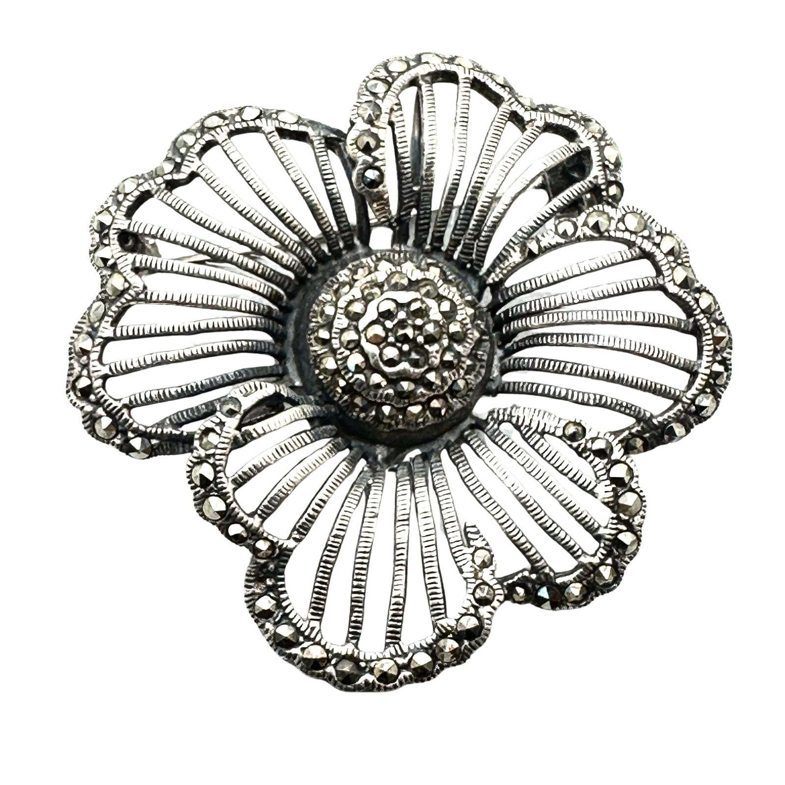 Marcasite Sterling Silver Flower Brooch Pin 1.75 Inch: Marcasite Sterling Silver Flower Brooch Pin 1.75 Inch