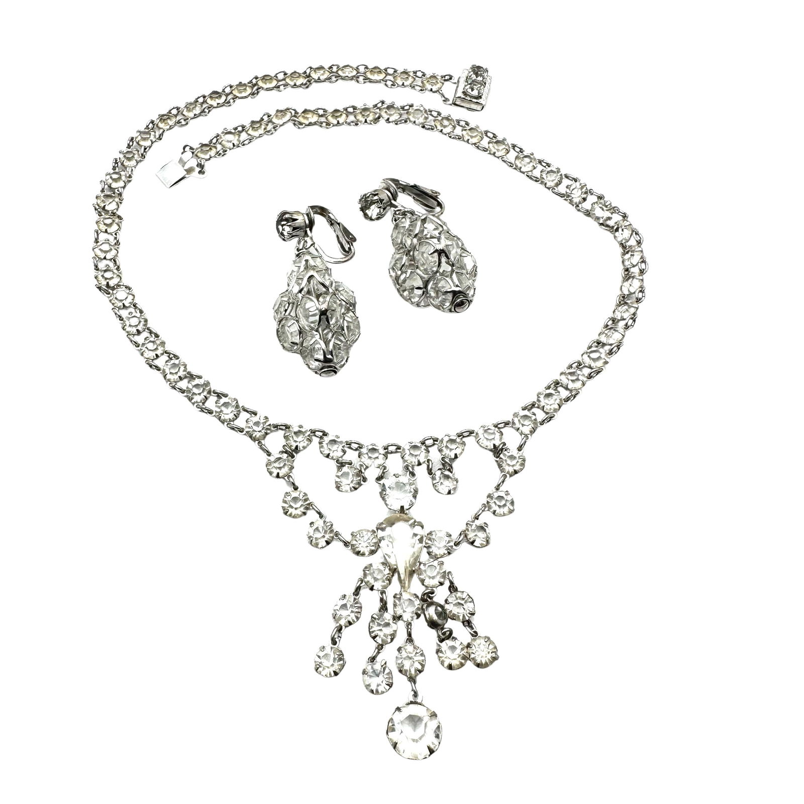 Antique Vintage Clear Glass Stone Silver Tone 15 Inch Necklace Clip Earrings Set: Antique Vintage Clear Glass Stone Silver Tone 15 Inch Necklace Clip Earrings Set