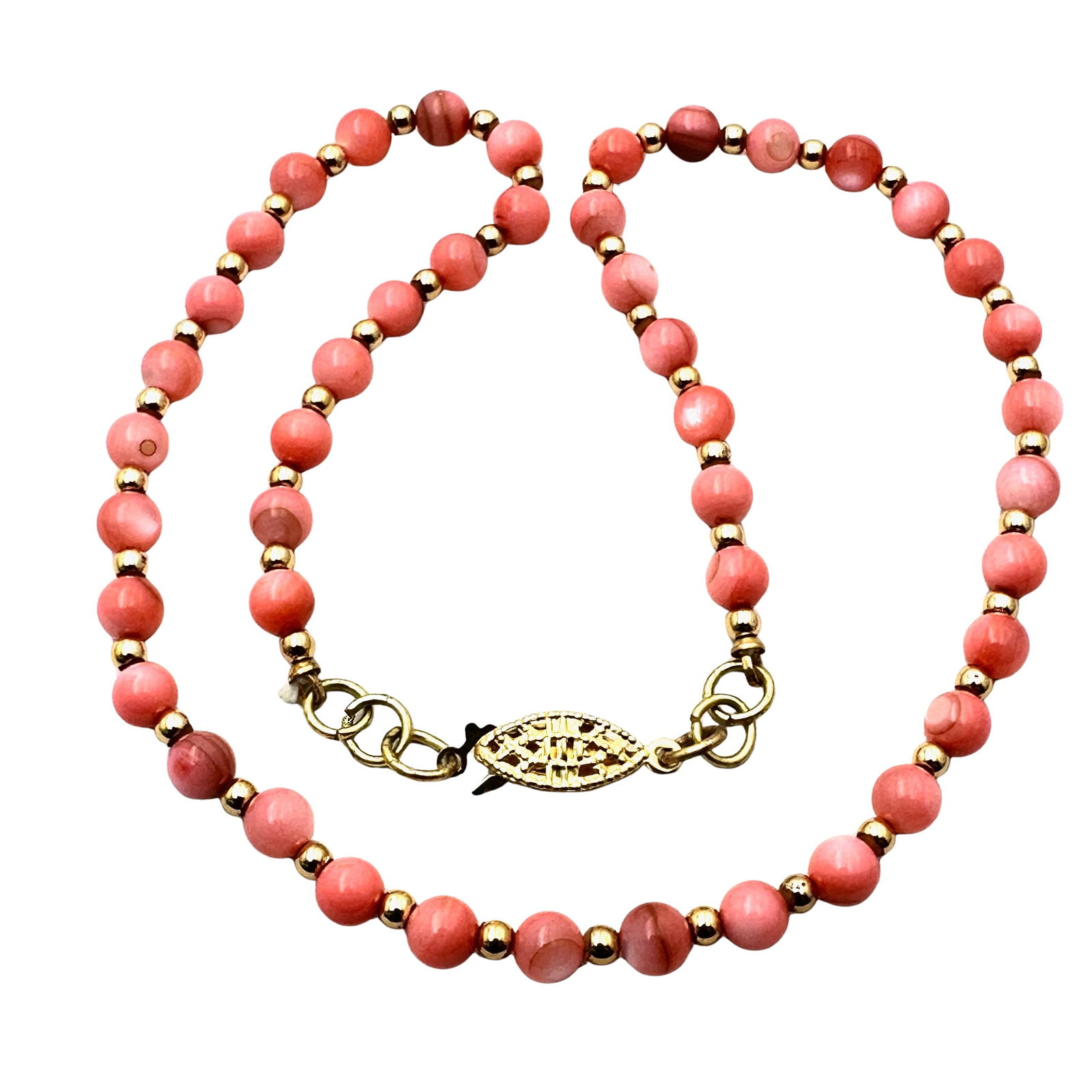 Vintage Pink Coral Shell Bead Gold Tone Necklace 16 Inch Length: Vintage Pink Coral Shell Bead Gold Tone Necklace 16 Inch Length