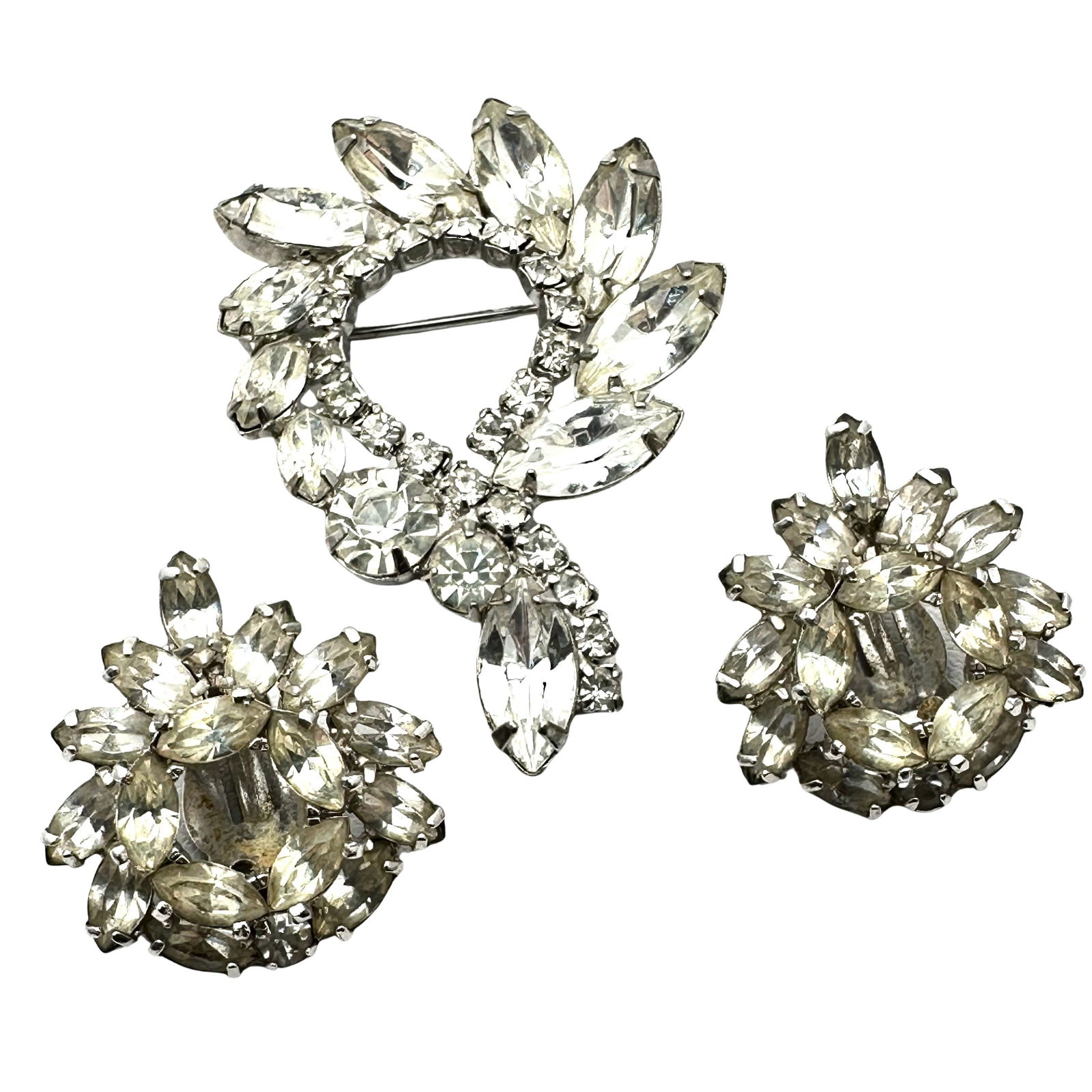 Vintage Kramer New York Clear Rhinestones Silver Tone Brooch Pin Clip Earrings (1 of 2)