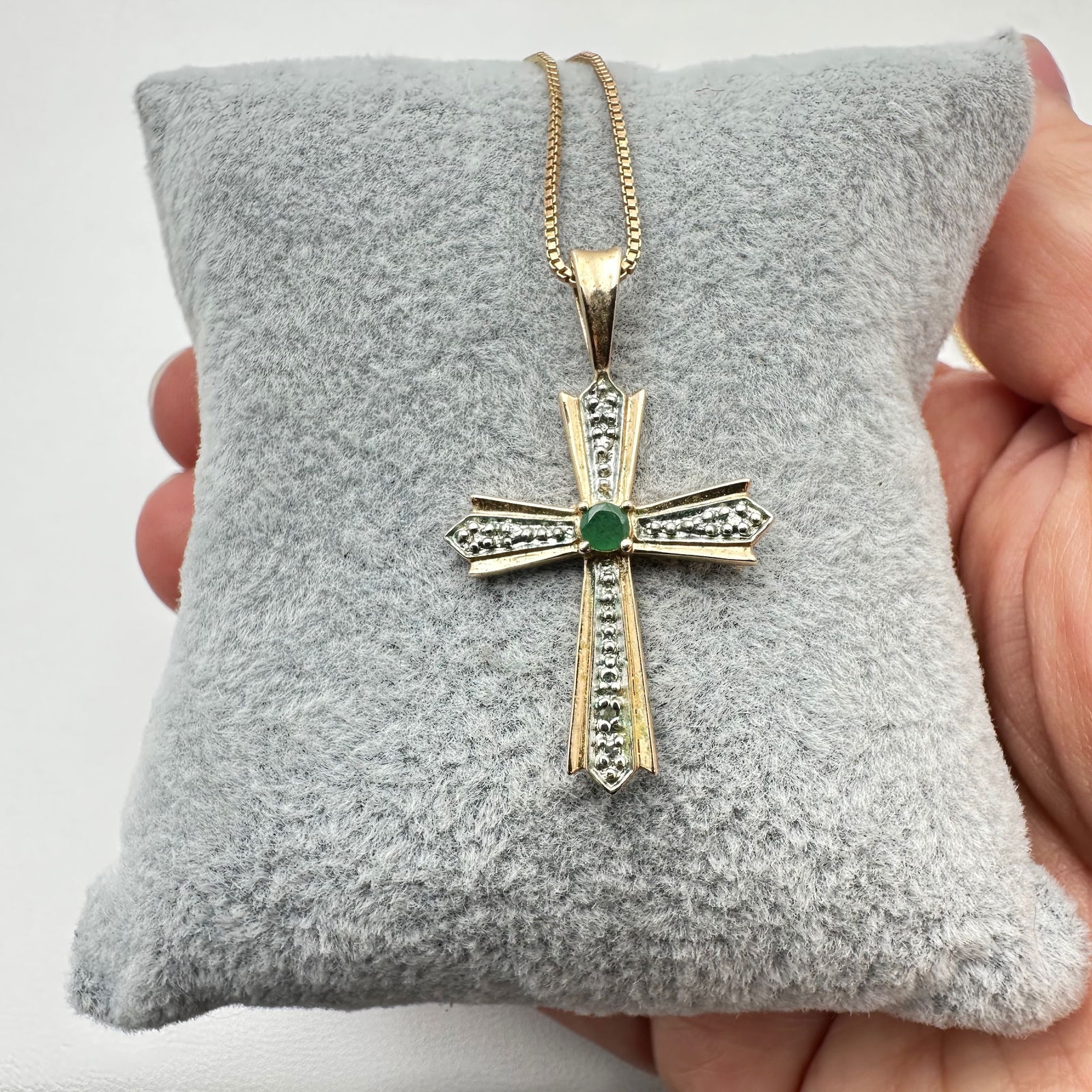 Ross Simons Green Emerald Diamond Cross Pendant Necklace Gold Over Sterling Silver 18 Inch Chain (1 of 2)