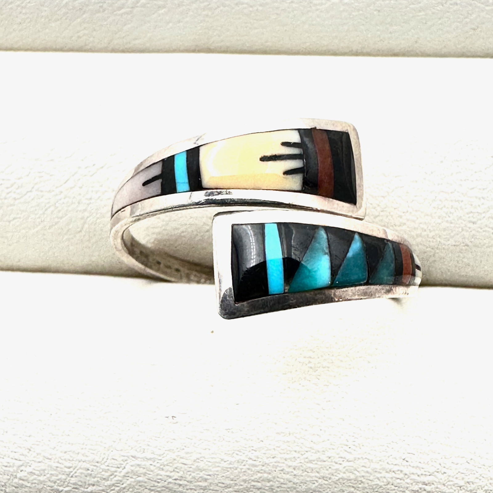 Native American Hallmarked RK Inlay Gemstone Sterling Silver Ring Bypass Adjustable Set Size 9 (1 of 2)