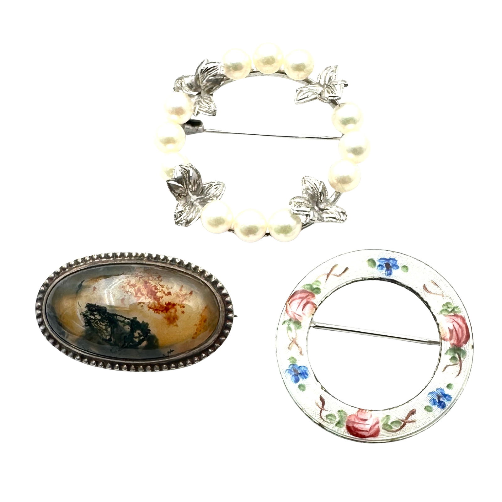 Vintage Group Sterling Silver Brooch Pins Pearl Guilloche Enamel Agate: Vintage Group Sterling Silver Brooch Pins Pearl Guilloche Enamel Agate