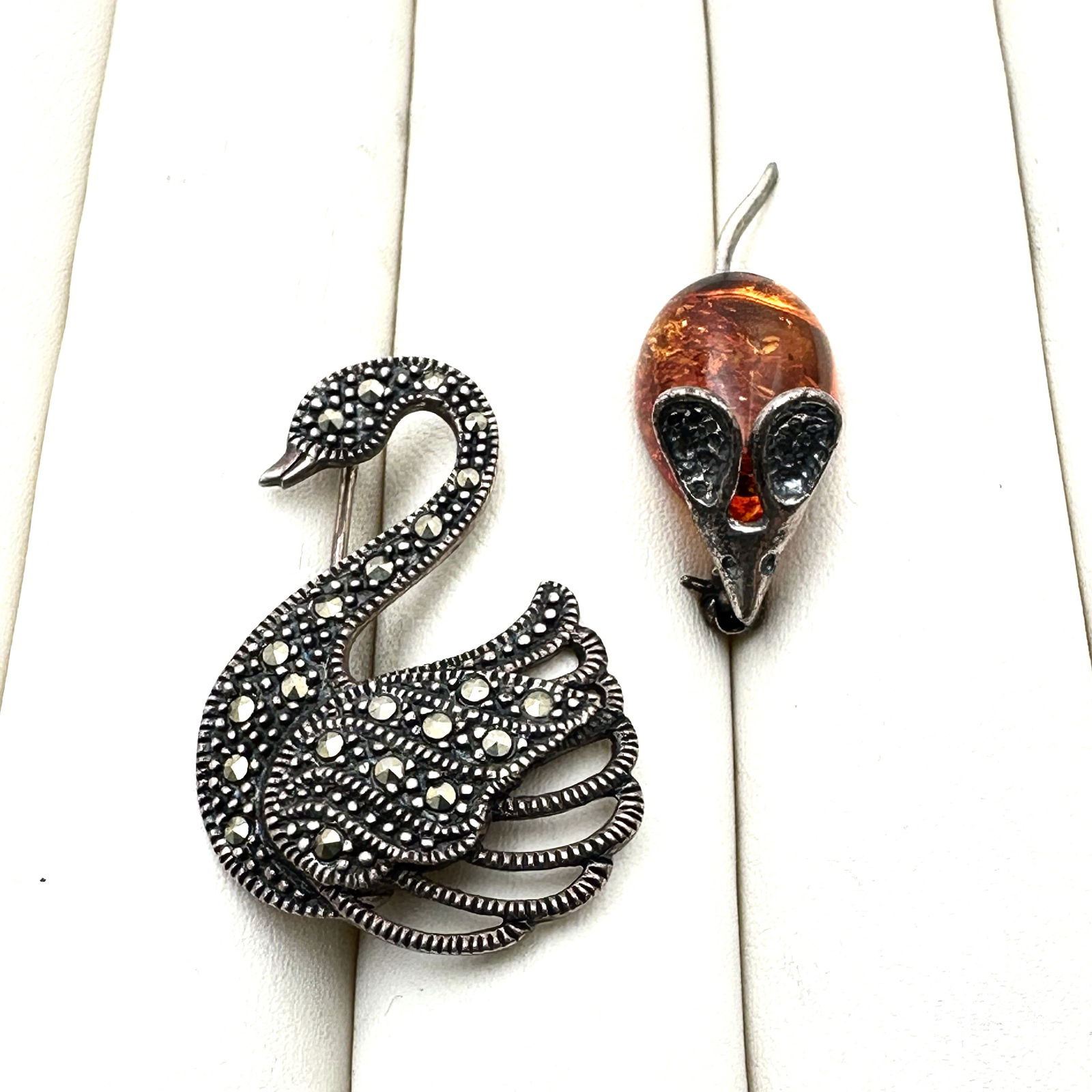 Vintage Group Sterling Silver Figural Brooch Pins Natural Amber Mouse Marcasite Swan (1 of 2)