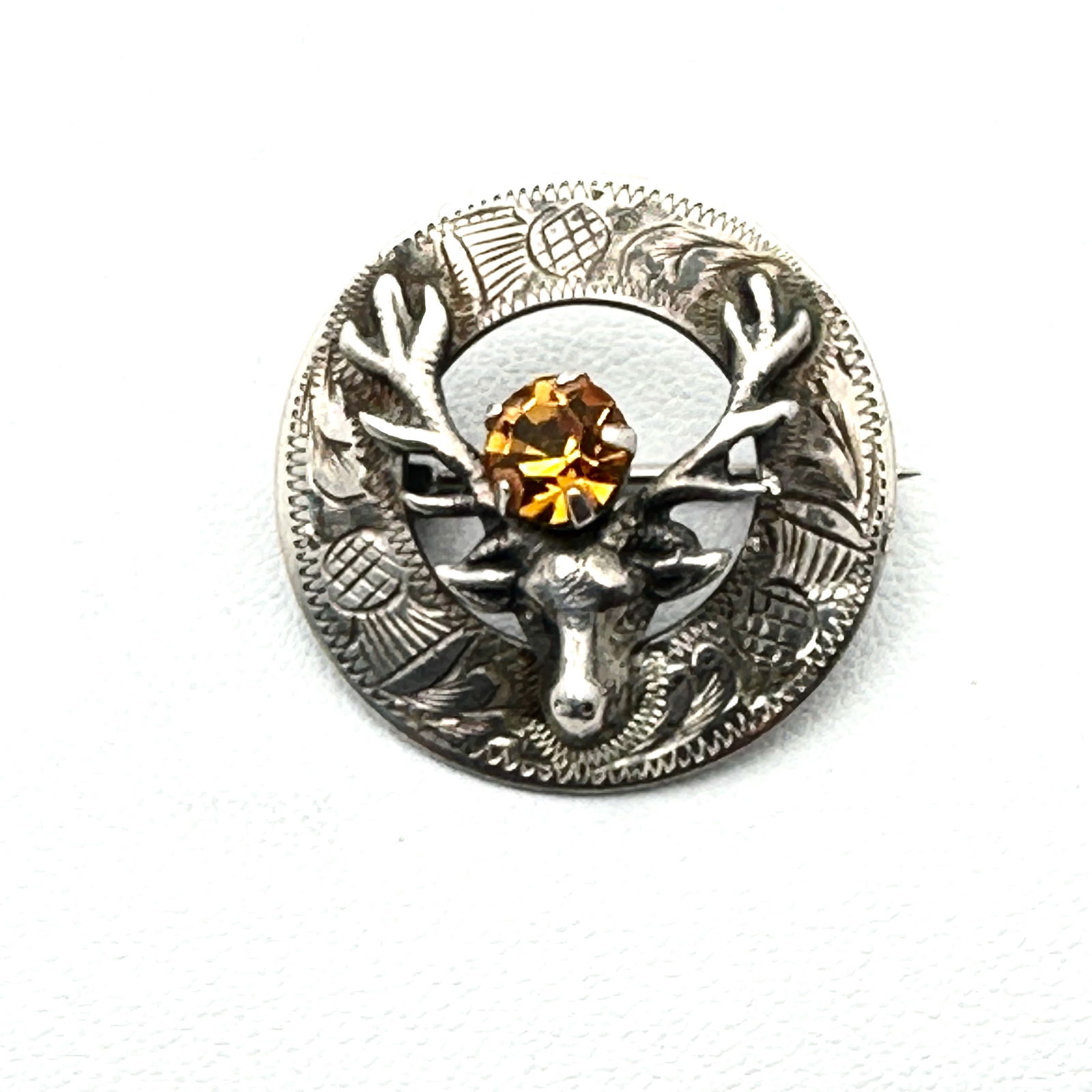 Vintage Scottish Sterling Silver Brooch Pin 1.25 Inch Orange Glass Stone (1 of 2)