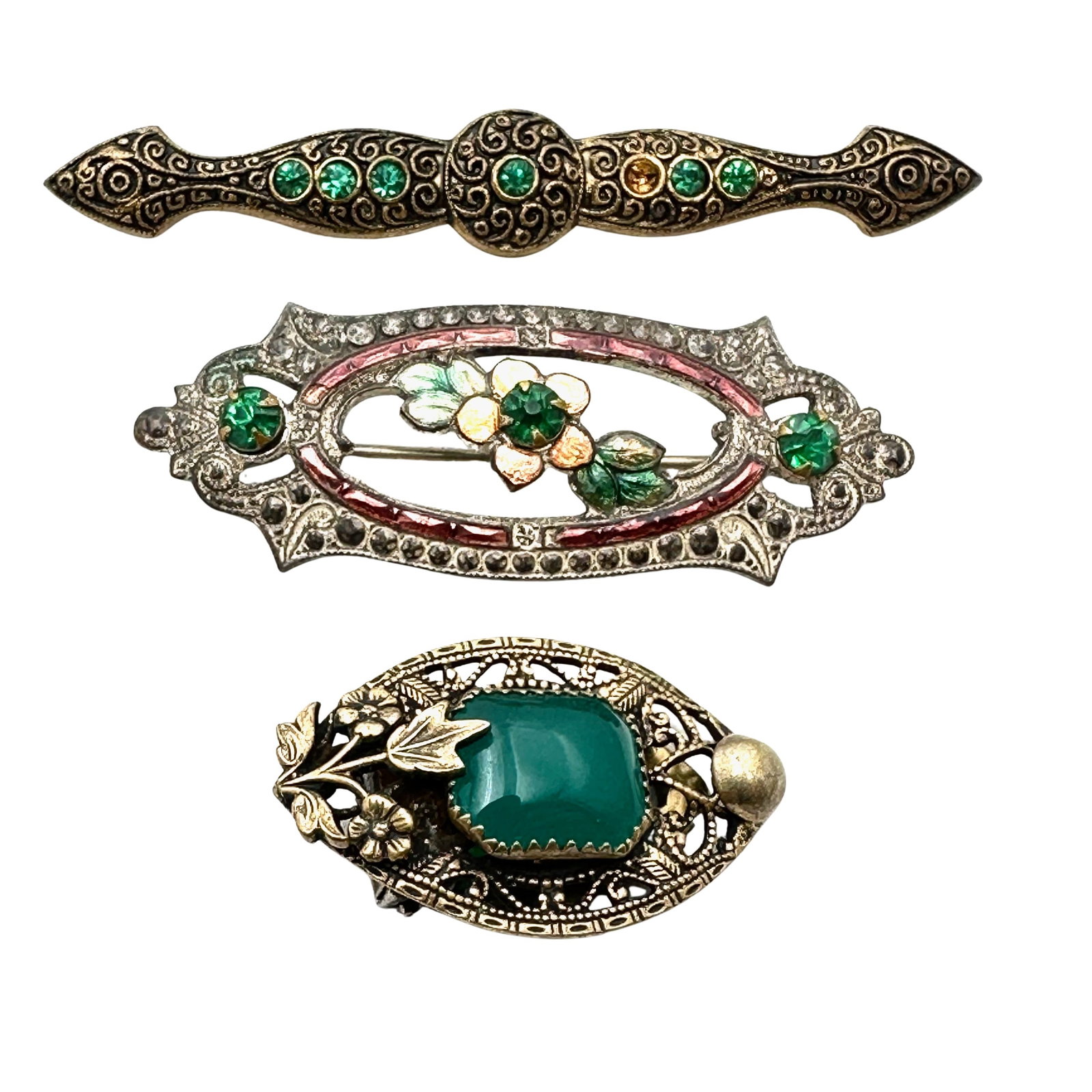 Antique Czech Glass Brooches Pin Group Green Czech Glass Enamel Silver Gold Tone: Antique Czech Glass Brooches Pin Group Green Czech Glass Enamel Silver Gold Tone