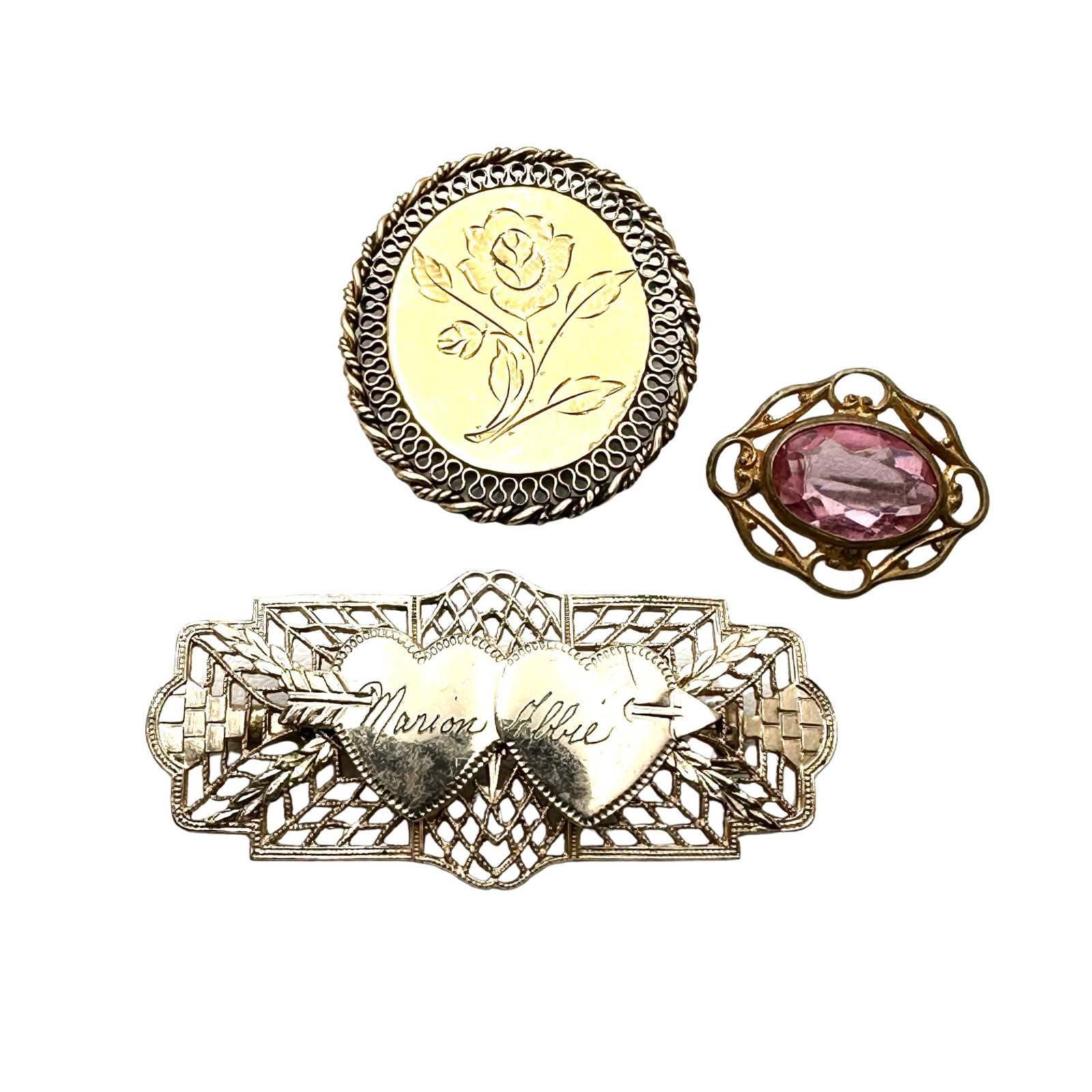 Antique Czech Glass Gold Filled Brooches Pins Group Sweetheart Filigree: Antique Czech Glass Gold Filled Brooches Pins Group Sweetheart Filigree