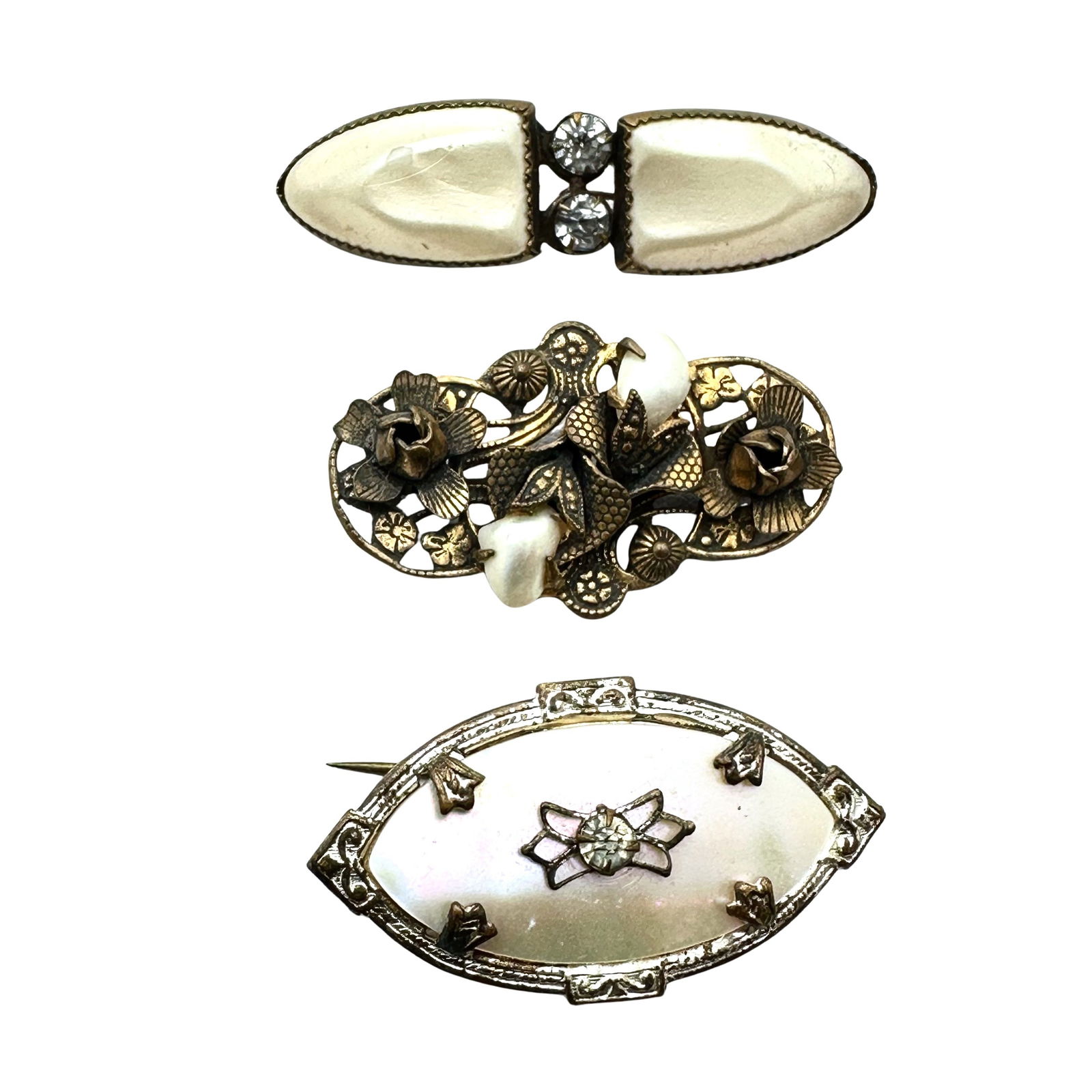 Antique Group Pins Brooches Faux Pearl Rhinestone Gold Tone (1 of 2)