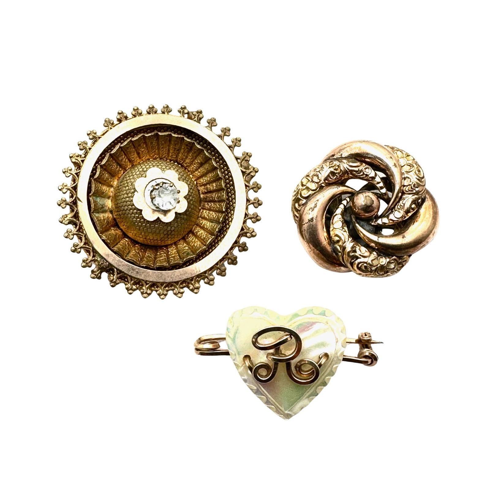 Antique Group Pins Brooches Knot Initial Sweet heart Crystal Gold Filled (1 of 2)