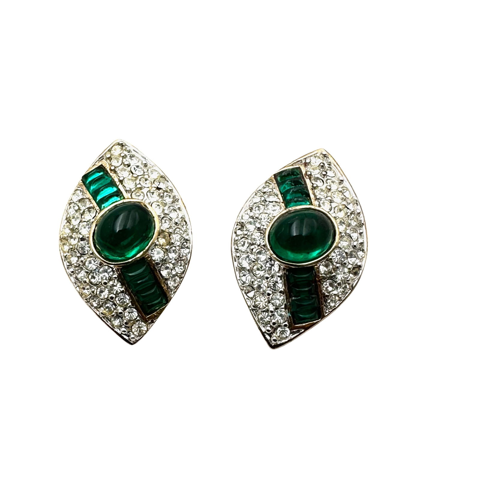 Antique Vintage Weinberg New York Green Glass Rhinestone Gold Tone Clip Earrings Original Card (1 of 2)