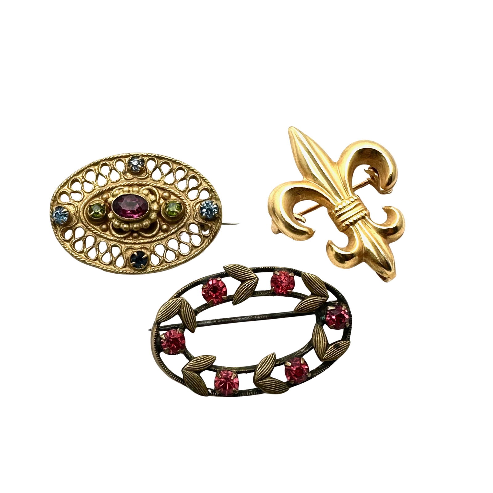 Antique Group Pins Brooches Victorian Red Czech Glass Fleur De Lis Gold Tone (1 of 2)