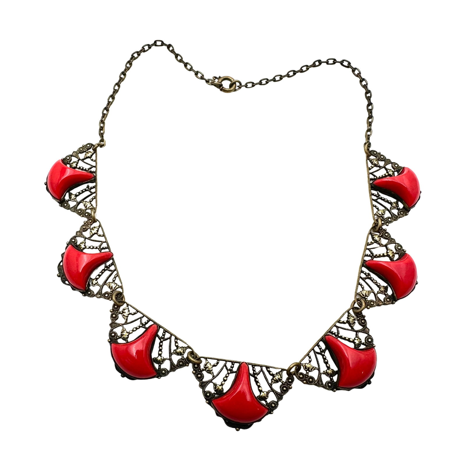 Antique Red Czech Glass Antiqued Gold Tone Filigree Necklace 15 Inch: Antique Red Czech Glass Antiqued Gold Tone Filigree Necklace 15 Inch