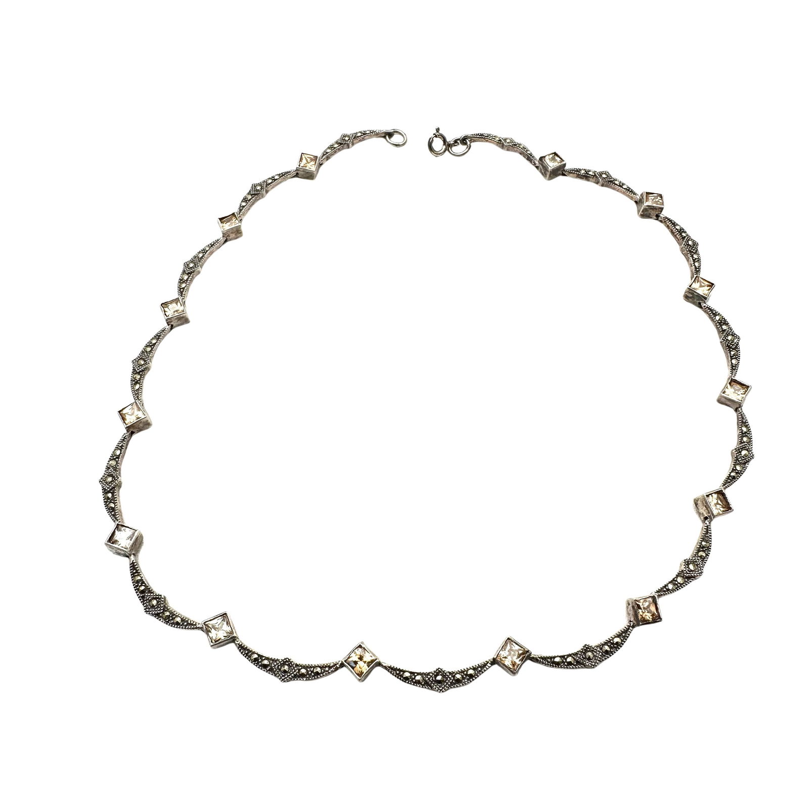 Vintage Marcasite Peach Crystal Sterling Silver Choker Necklace 16 Inch: Vintage Marcasite Peach Crystal Sterling Silver Choker Necklace 16 Inch