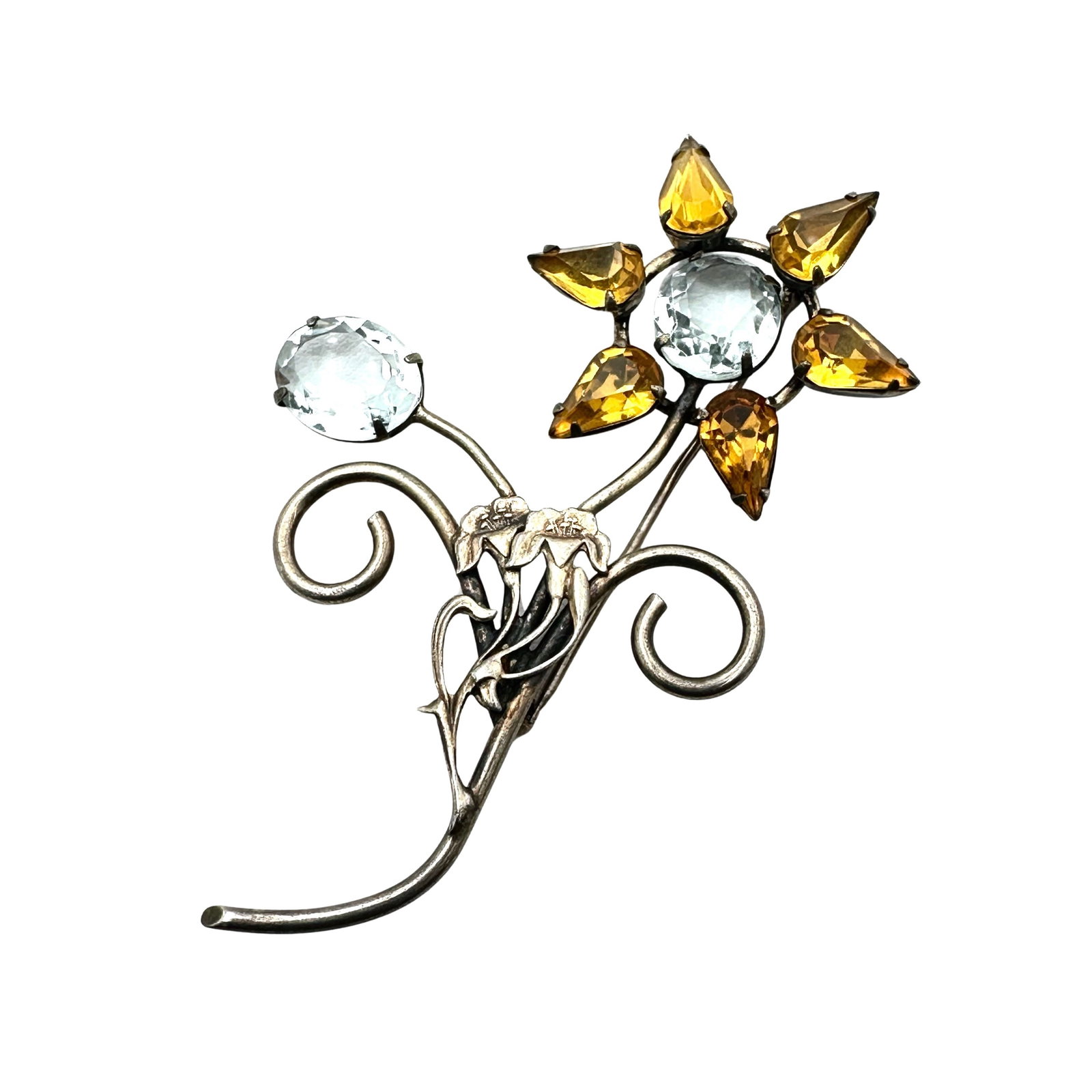 Antique Sterling Silver Blue Yellow Czech Glass Flower Brooch Pin 3 Inch: Antique Sterling Silver Blue Yellow Czech Glass Flower Brooch Pin 3 Inch