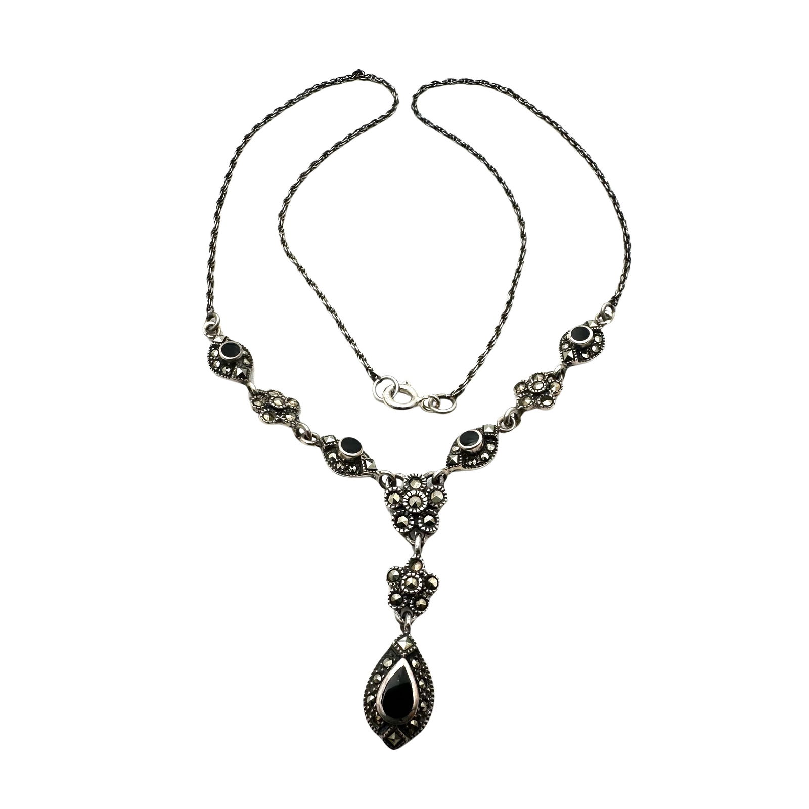 Vintage Black Onyx Marcasite Sterling Silver Pendant Necklace 17 Inch 10 Grams (1 of 2)