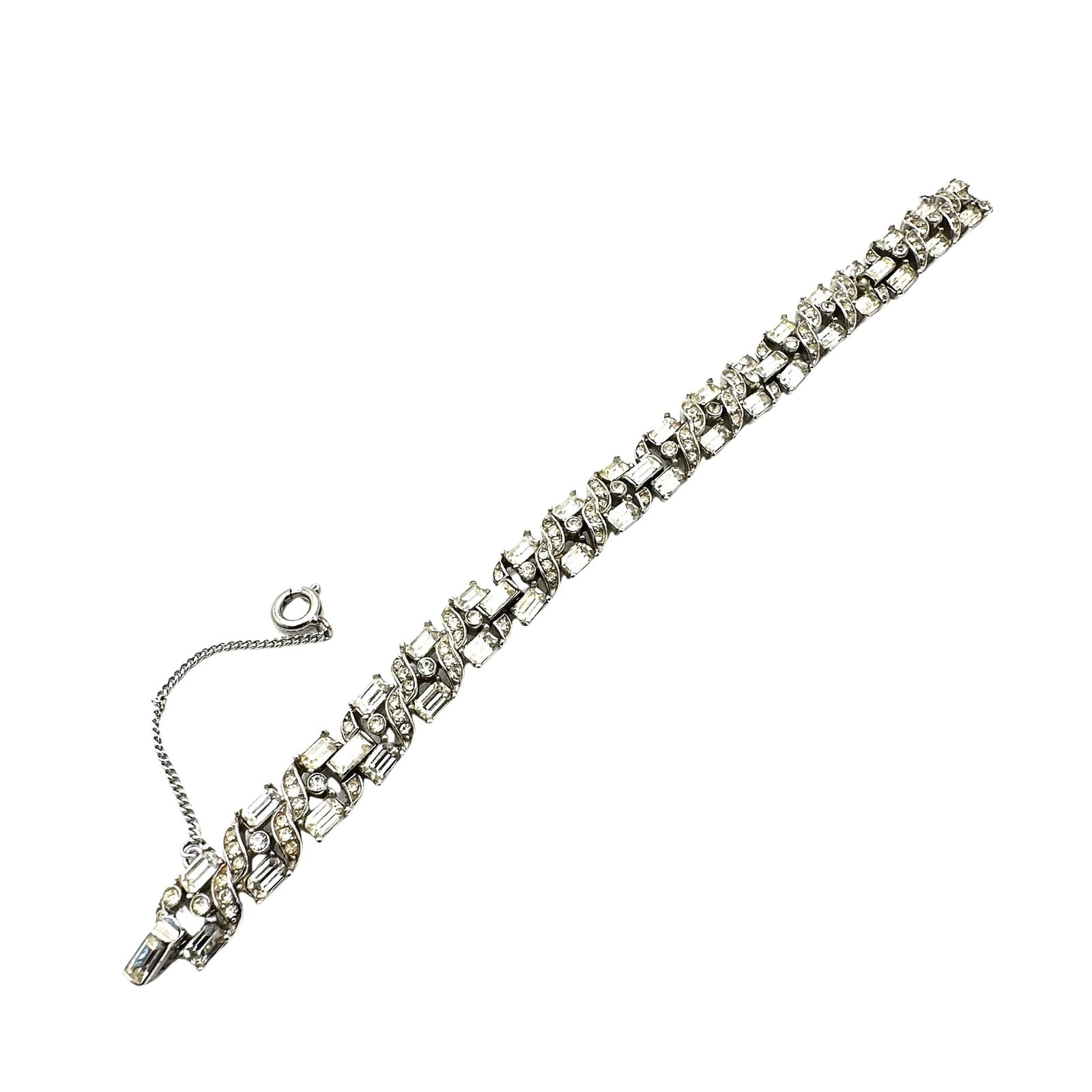 Vintage Trifari Clear Glass Rhinestone Rhodium Plated Silver Tone Bracelet 7 Inch (1 of 2)