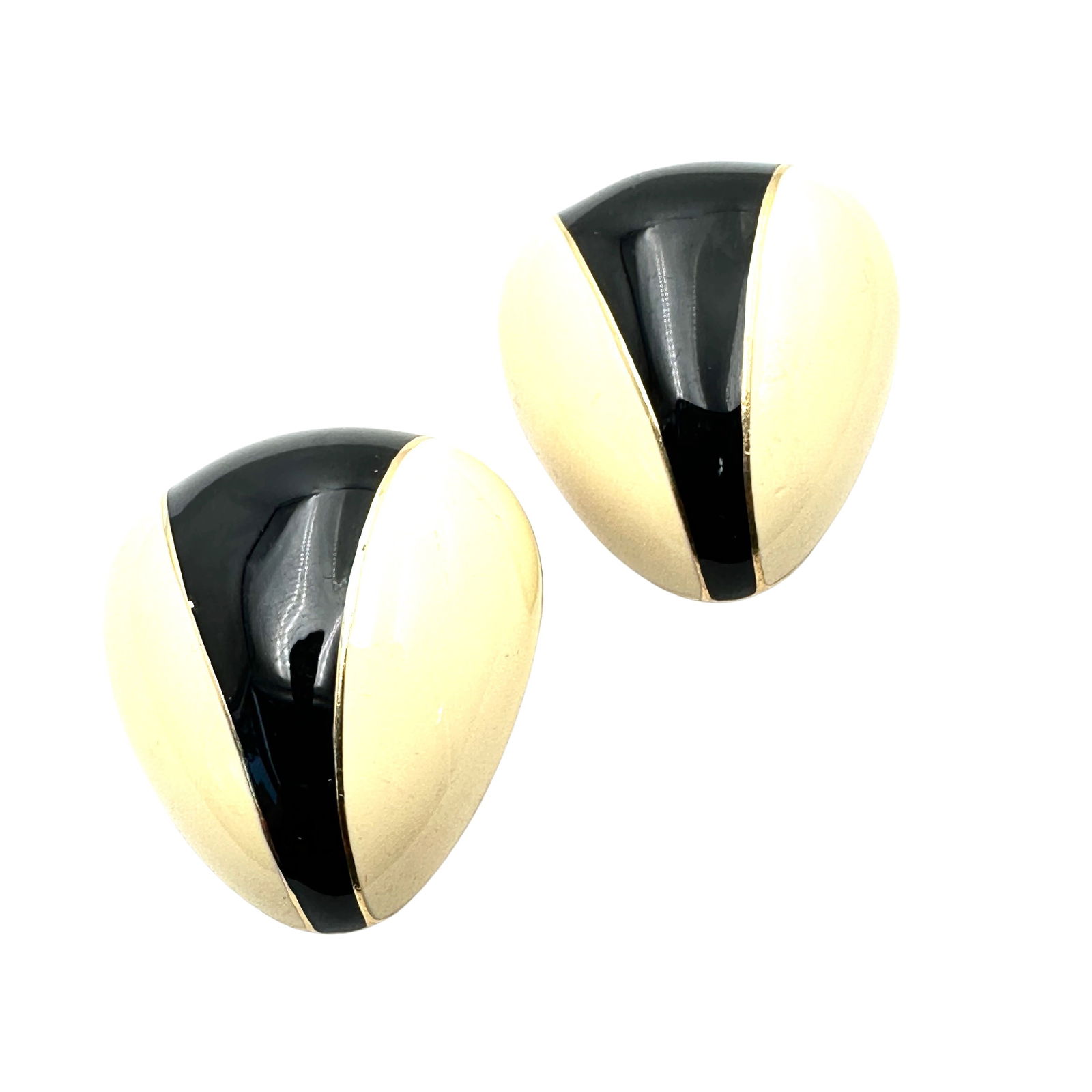 Vintage Ciner Off White Black Enamel Gold Tone Clip Earrings 1.5 Inch Heavy Quality (1 of 2)