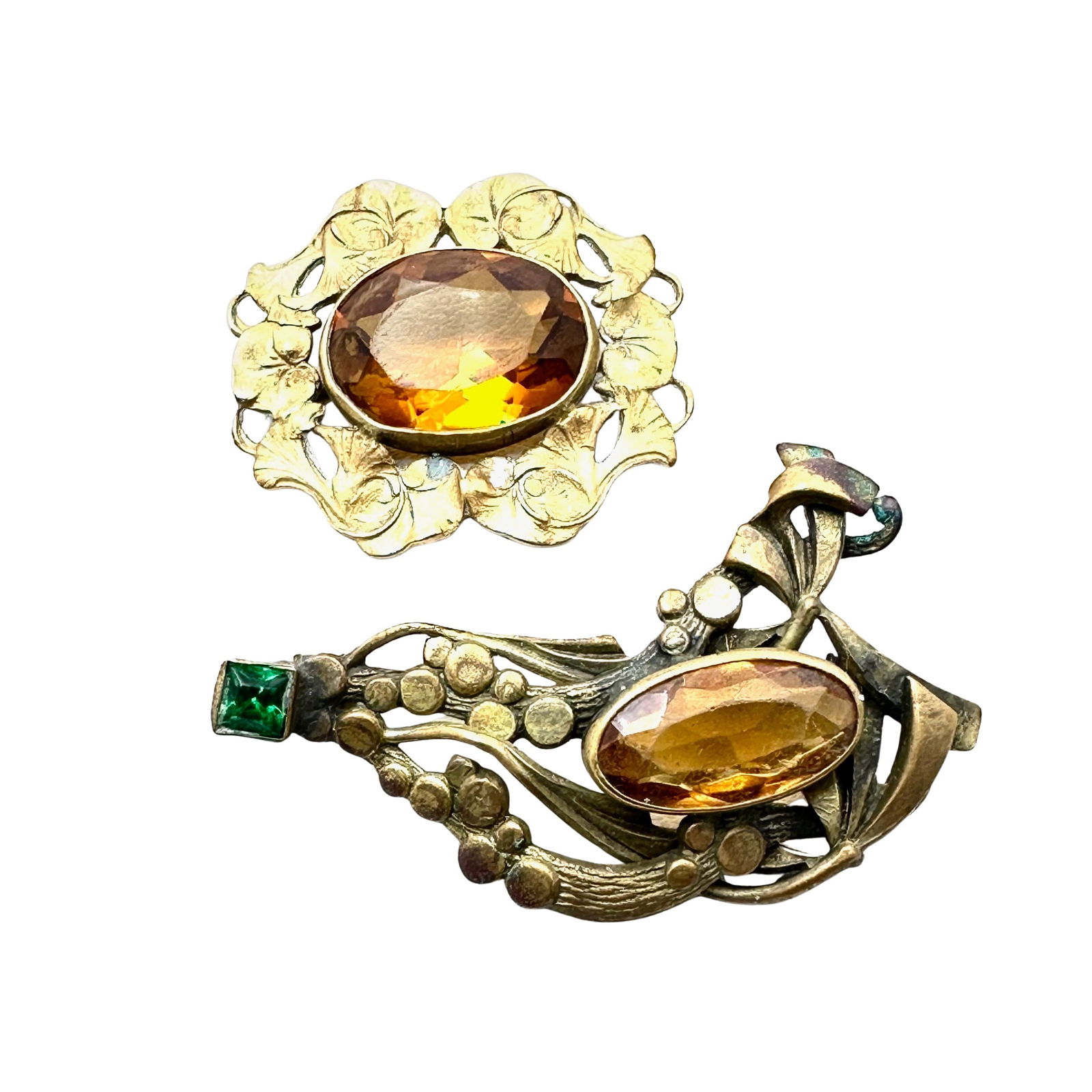 Antique Group Two Amber Colored Czech Glass Brooches Pins (1 of 2)