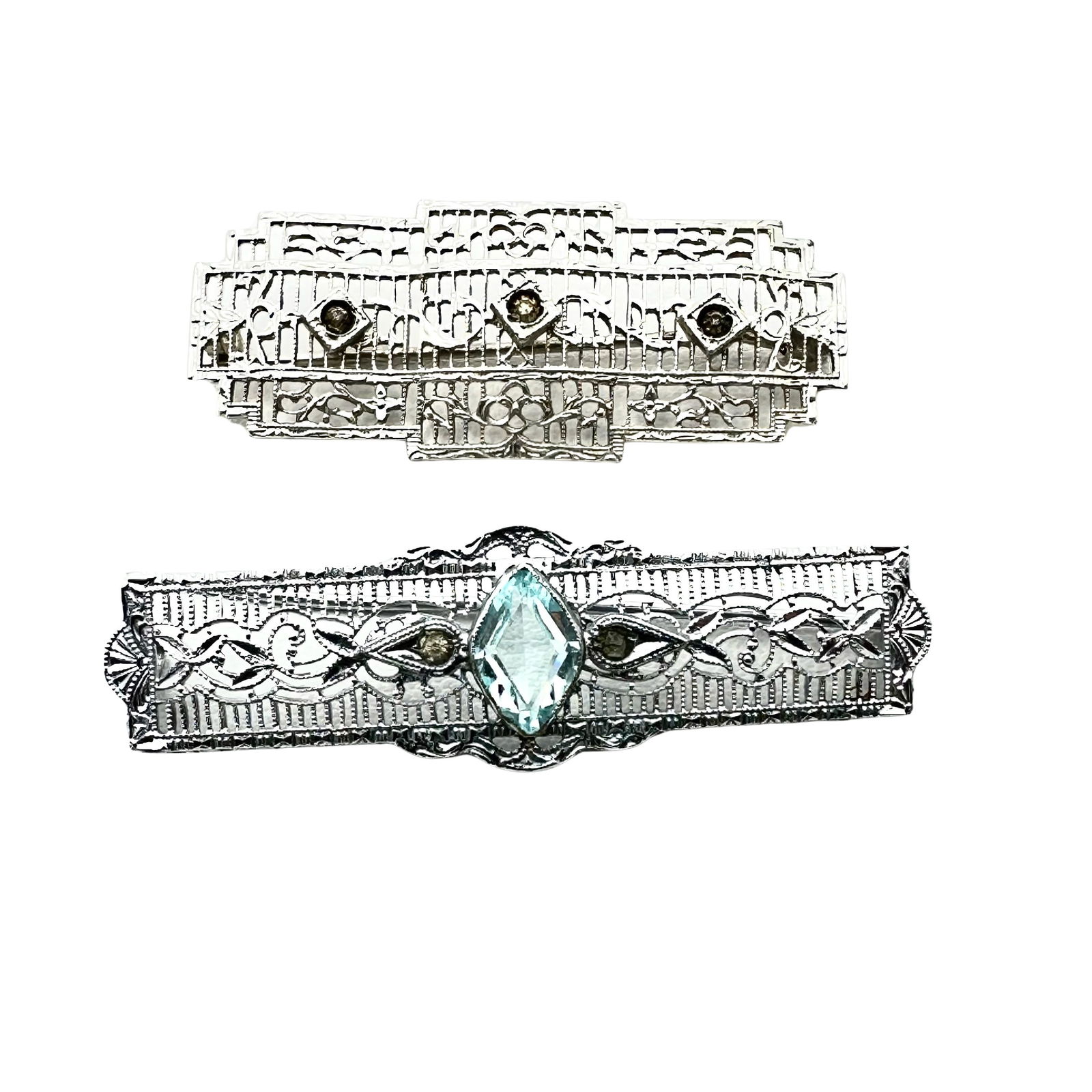 Antique Art Deco Glass Stone Silver Filigree Brooches Pins (1 of 2)