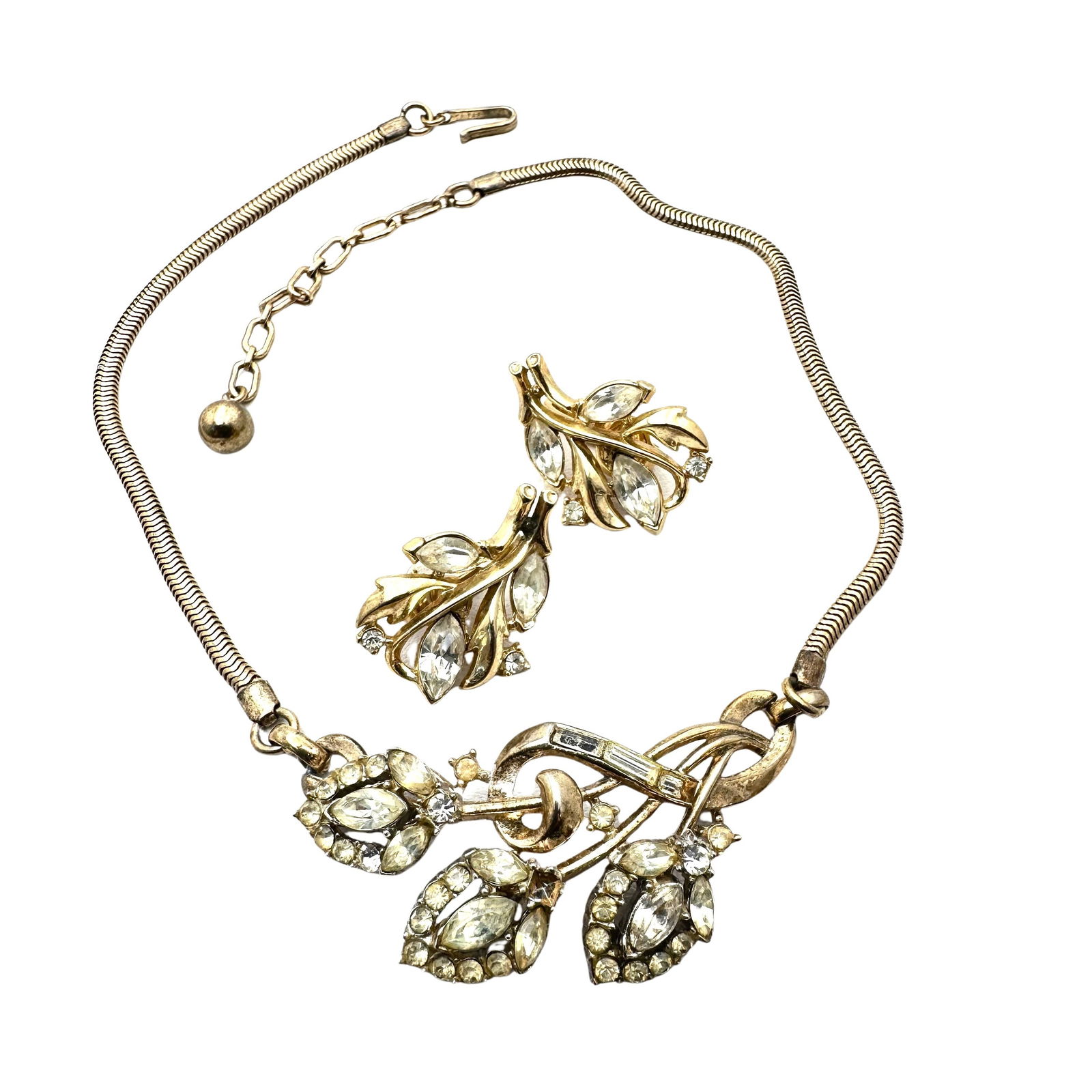 Vintage Trifari Clear Rhinestone Gold Tone 16 Inch Necklace Clip Earrings: Vintage Trifari Clear Rhinestone Gold Tone 16 Inch Necklace Clip Earrings