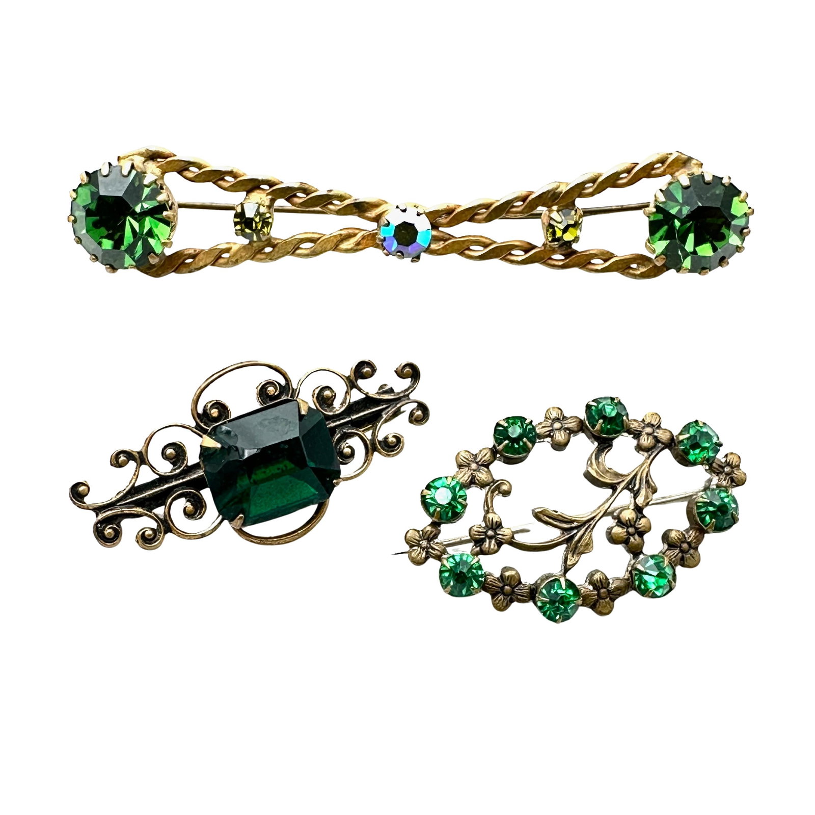 Antique Group Green Czech Glass Gold Tone Brooches Pins: Antique Group Green Czech Glass Gold Tone Brooches Pins