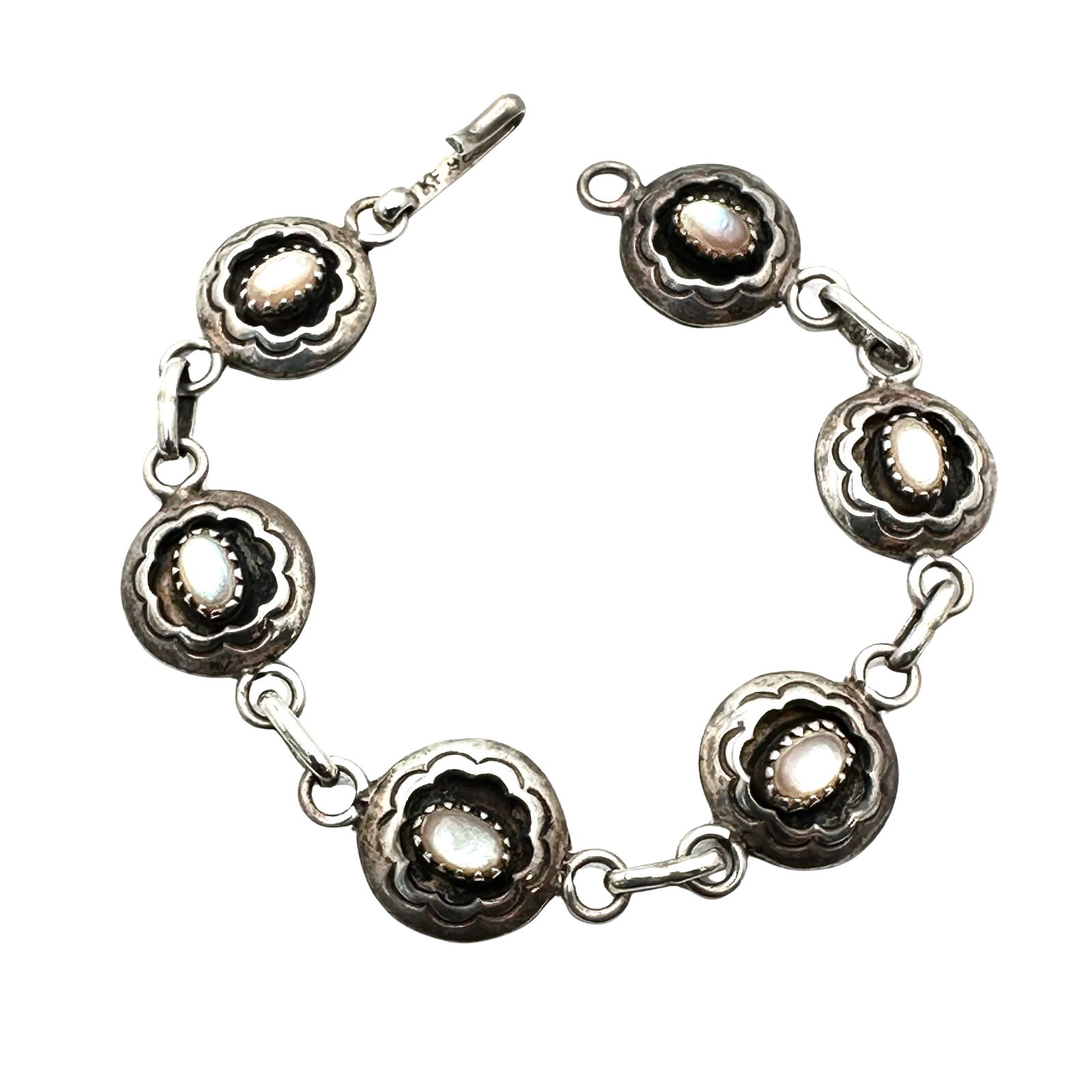 Vintage Native American Pearl Shadowbox Design Sterling Silver Bracelet 6.25 Inch Weight 11 Grams (1 of 2)