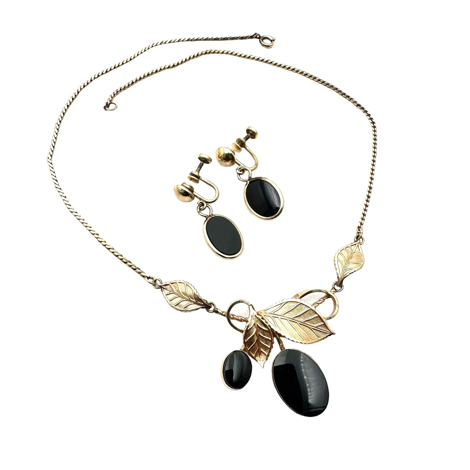 Vintage Black Onyx Gold Filled Necklace Screw Back Earrings: Vintage Black Onyx Gold Filled Necklace Screw Back Earrings