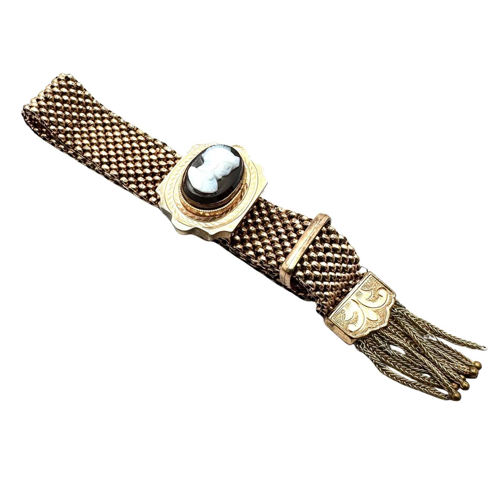 Antique Gold Filled Mesh Bracelet Carved Cameo Slide 7 Inch (1 of 2)