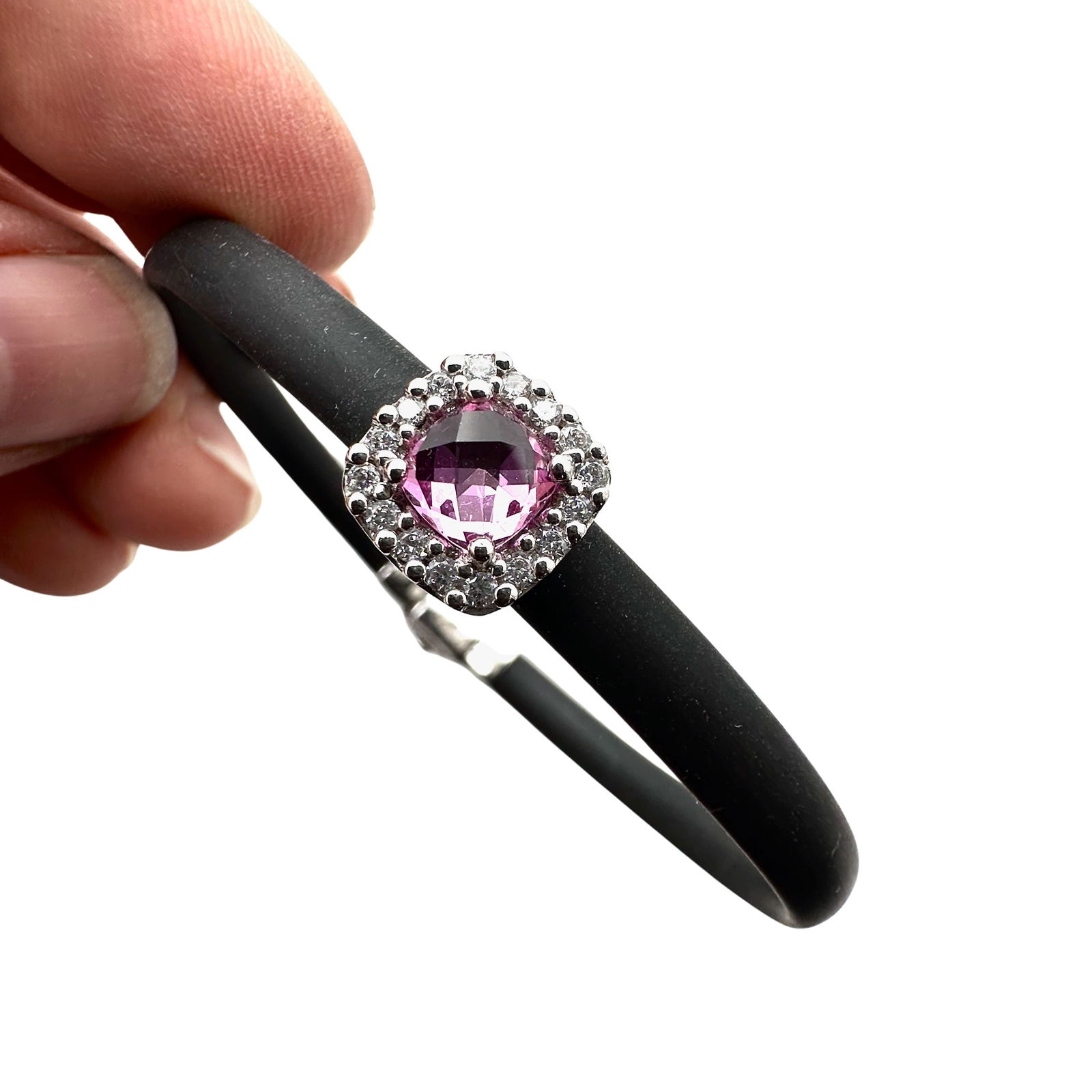 Italian Belle Etoile Sterling Silver Bracelet Black Rubber Pink Sapphire Length 6 3/4 Inch (1 of 2)