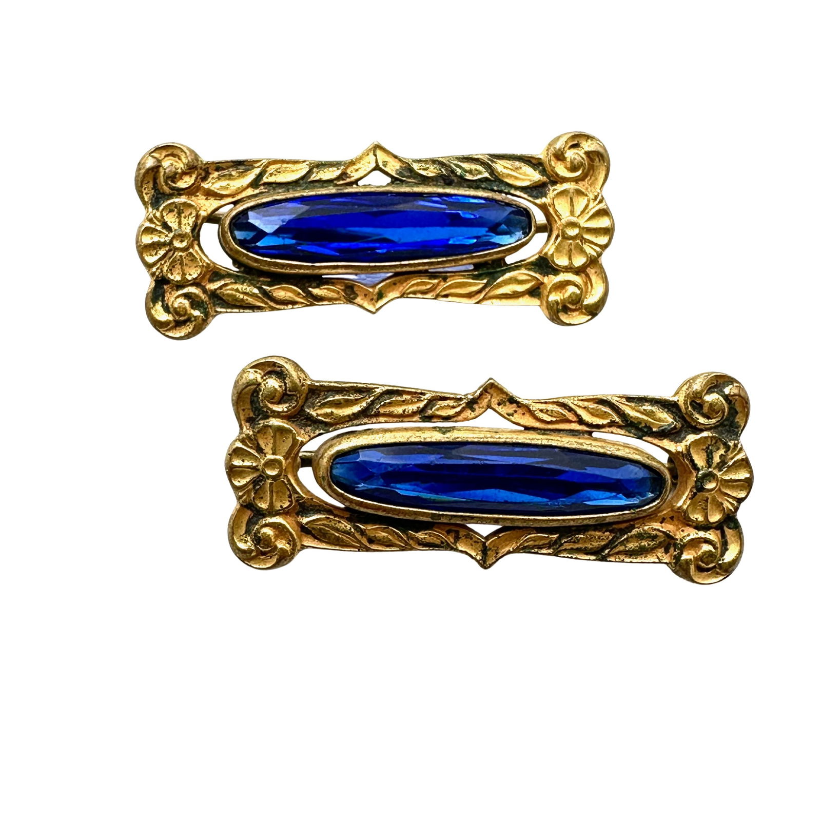 Antique Pair Royal Blue Czech Glass Gold Tone Brooches Pins 1 1/4 Inch Each (1 of 2)