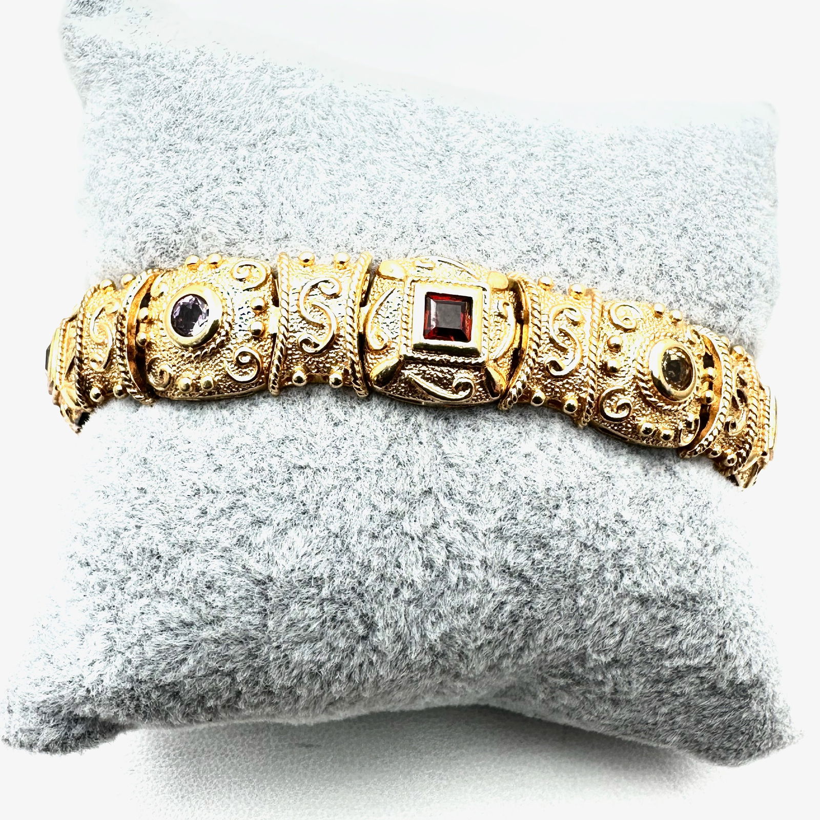 Etruscan Style Gold Over Sterling Silver Multi Gemstone Bracelet 7 Inch Length Weight 30 Grams (1 of 2)