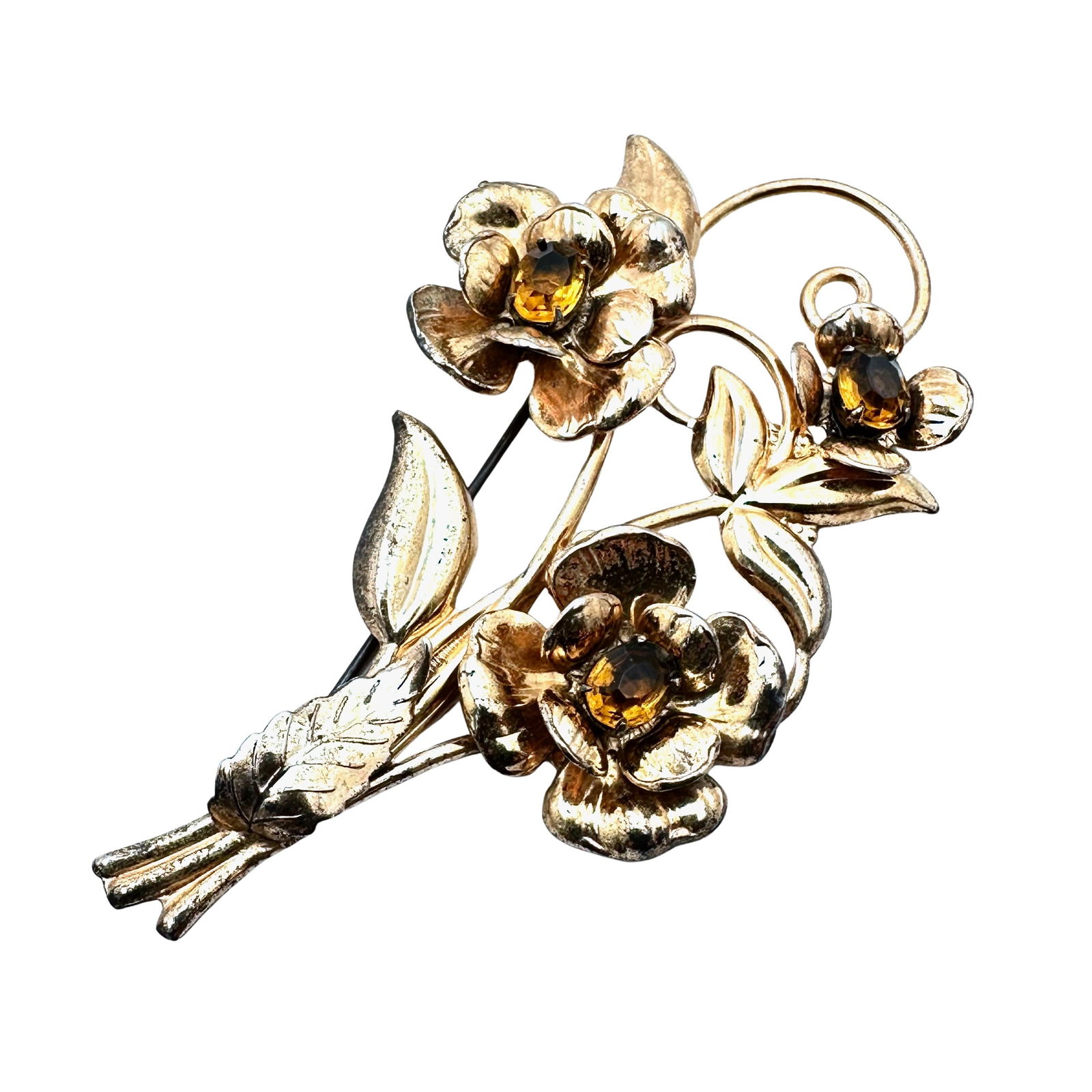 Antique Gold Over Sterling Silver 4 Inch Flower Brooch Orange Stones 21 Grams (1 of 2)